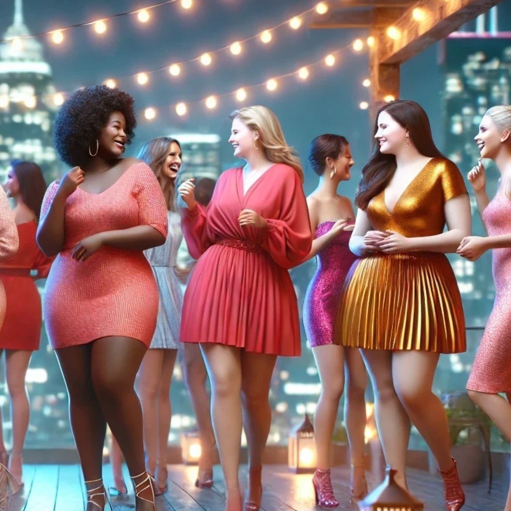 Women in a variety of short plus-size cocktail party dresses are out on a dance floor under festive lights.