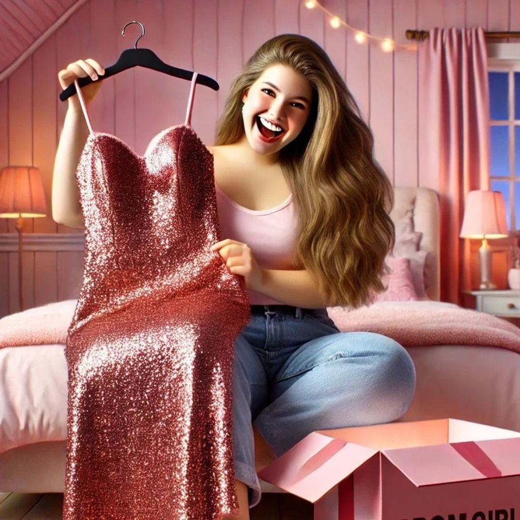 In a pink bedroom, a teen girl smiles and holds up a plus-size pink sequin prom dress that came out of an open pink box.