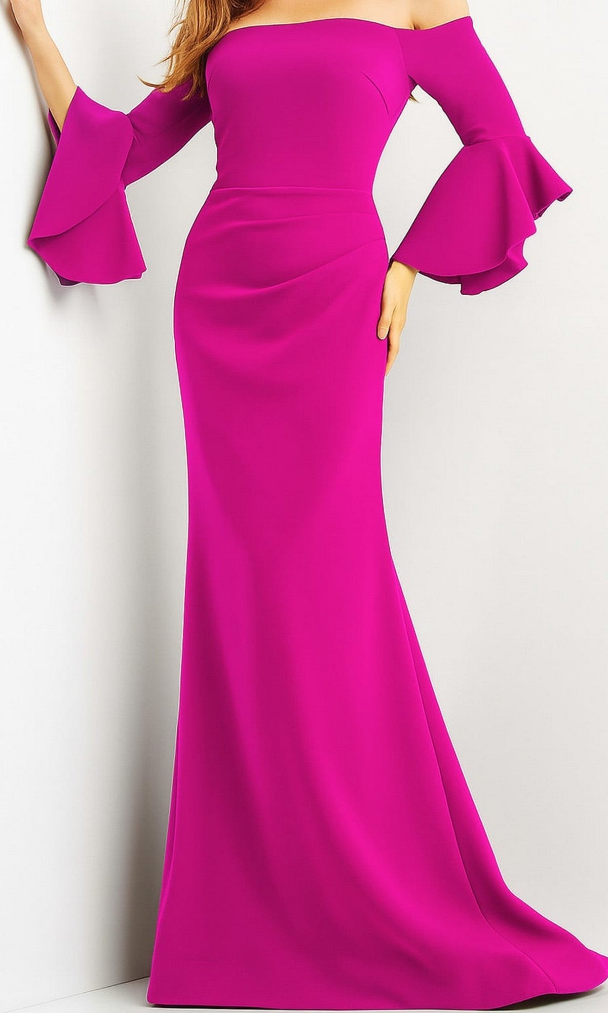 A woman wearing the Jovani 07065 Bell-Sleeve Designer Evening Gown in fuchsia, featuring off-the-shoulder flared ruffle sleeves, stands against a plain light background.