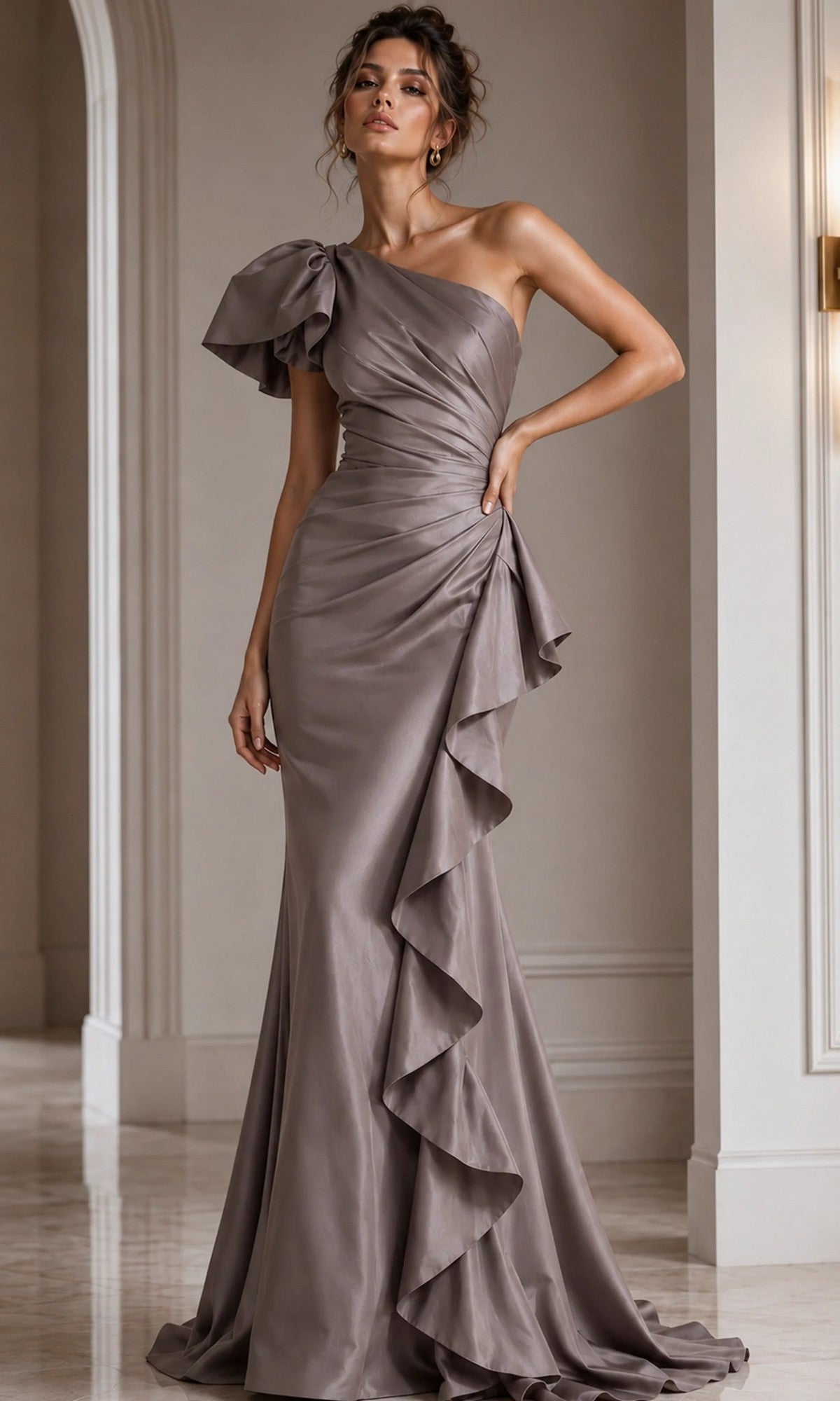 A woman stands in a marble-floored room with white walls and soft lighting, wearing the Jovani 09201 long formal dress—a taupe, one-shoulder gown featuring a dramatic ruffle detail.