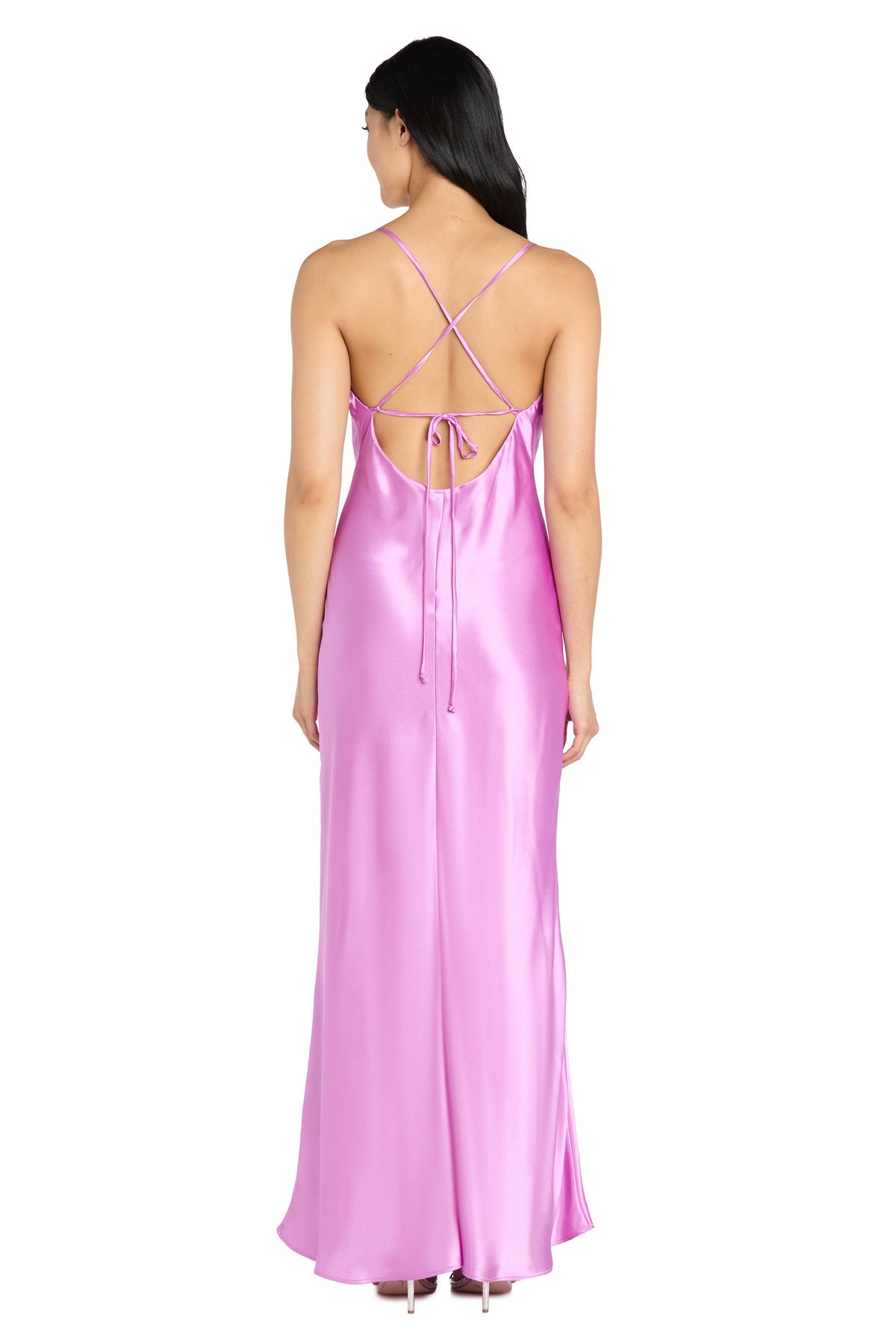 A woman is seen from behind wearing the Morgan 10037N, a cowl-neck long satin prom dress with spaghetti straps and a crisscross open back.