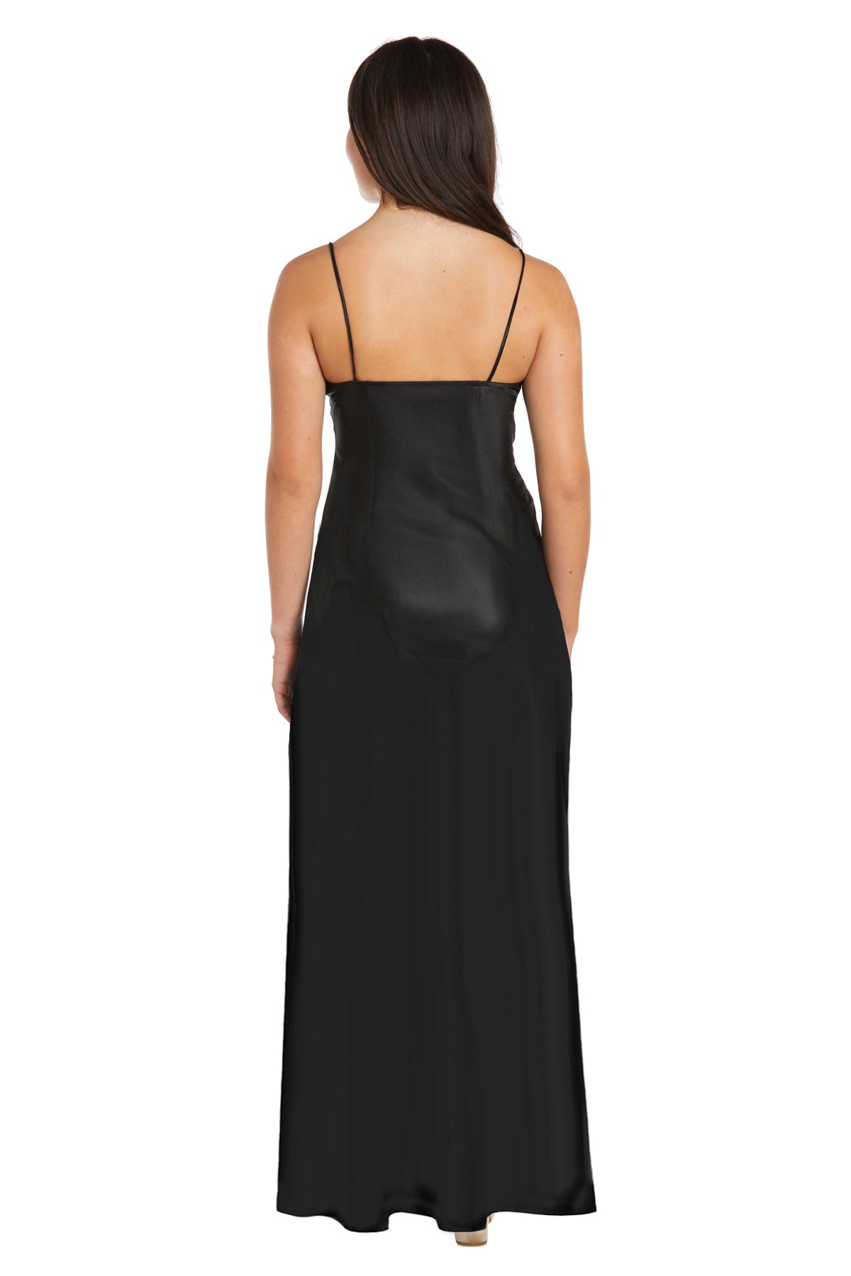 A woman shown from the back wears the Morgan 10040N Empire-Waist Long Satin Prom Dress, featuring a black sleeveless design with thin straps, against a white background.