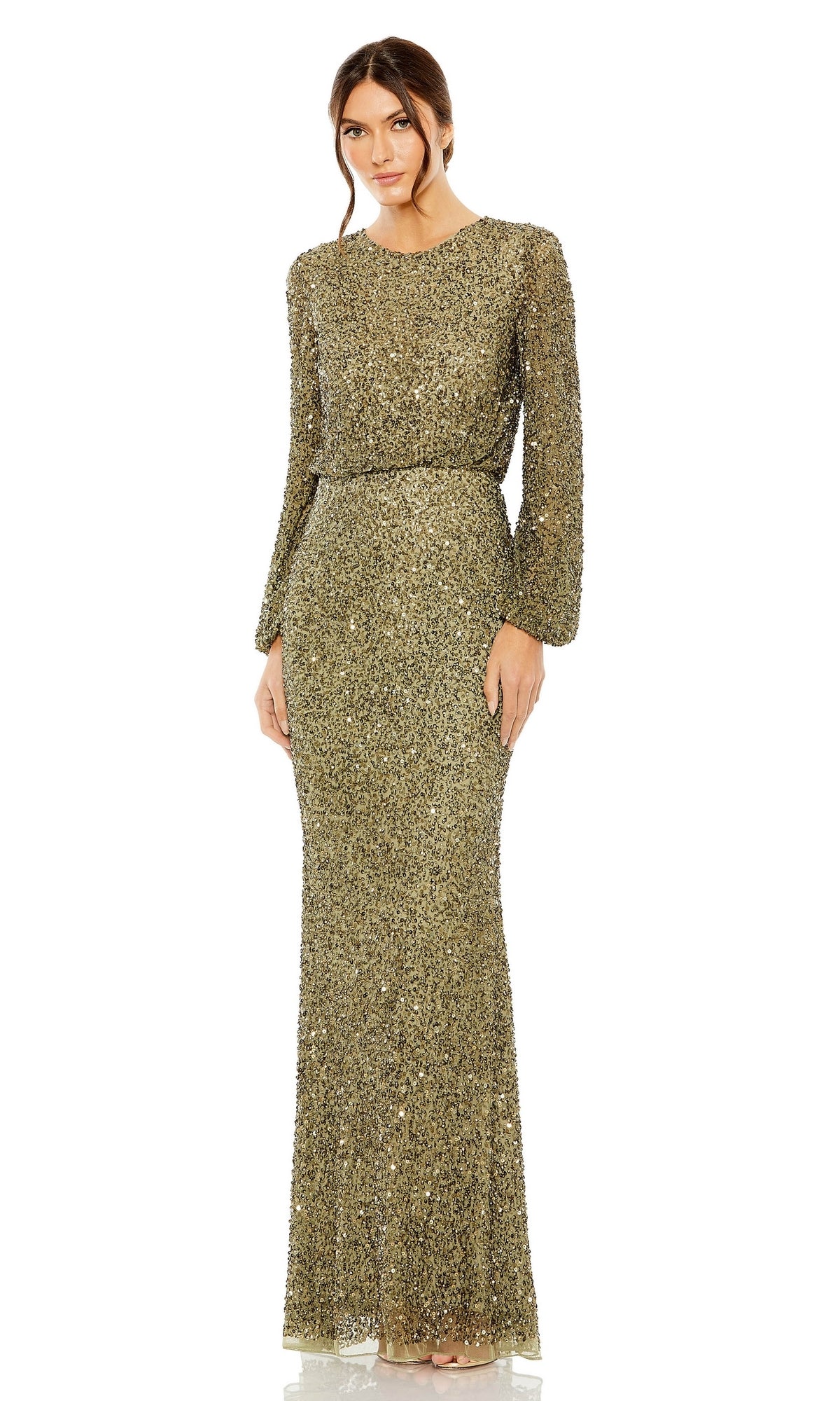 A woman wears the Mac Duggal 10044 Long Sleeve Olive Formal Gown—an elegant sequin dress with a fitted silhouette and high neckline, perfect for formal evenings or as a glamorous mother of the bride gown.