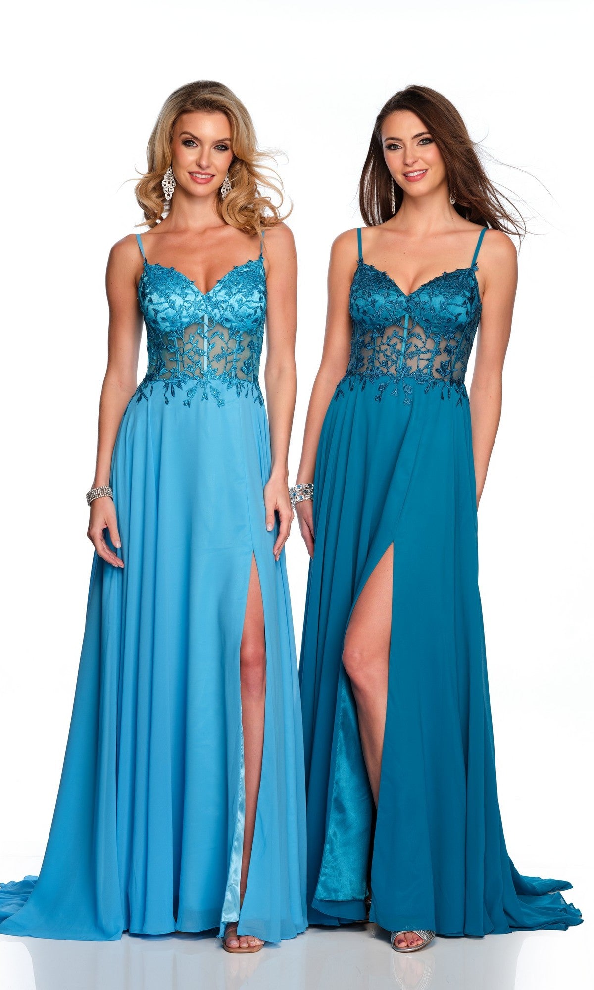 Two women pose side by side in Sheer-Bodice Dave & Johnny Long Prom Dresses with sheer lace bodices and thigh-high slits, set against a plain white background.