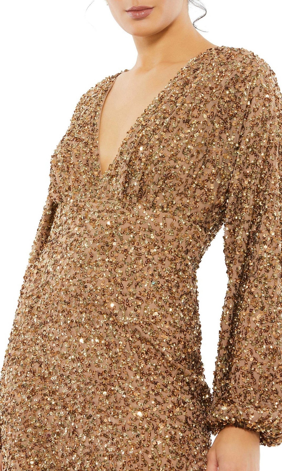 A woman wearing the Sequin Long Sleeve Formal Gown: Mac Duggal 10791, featuring long sleeves and a deep V-neckline.