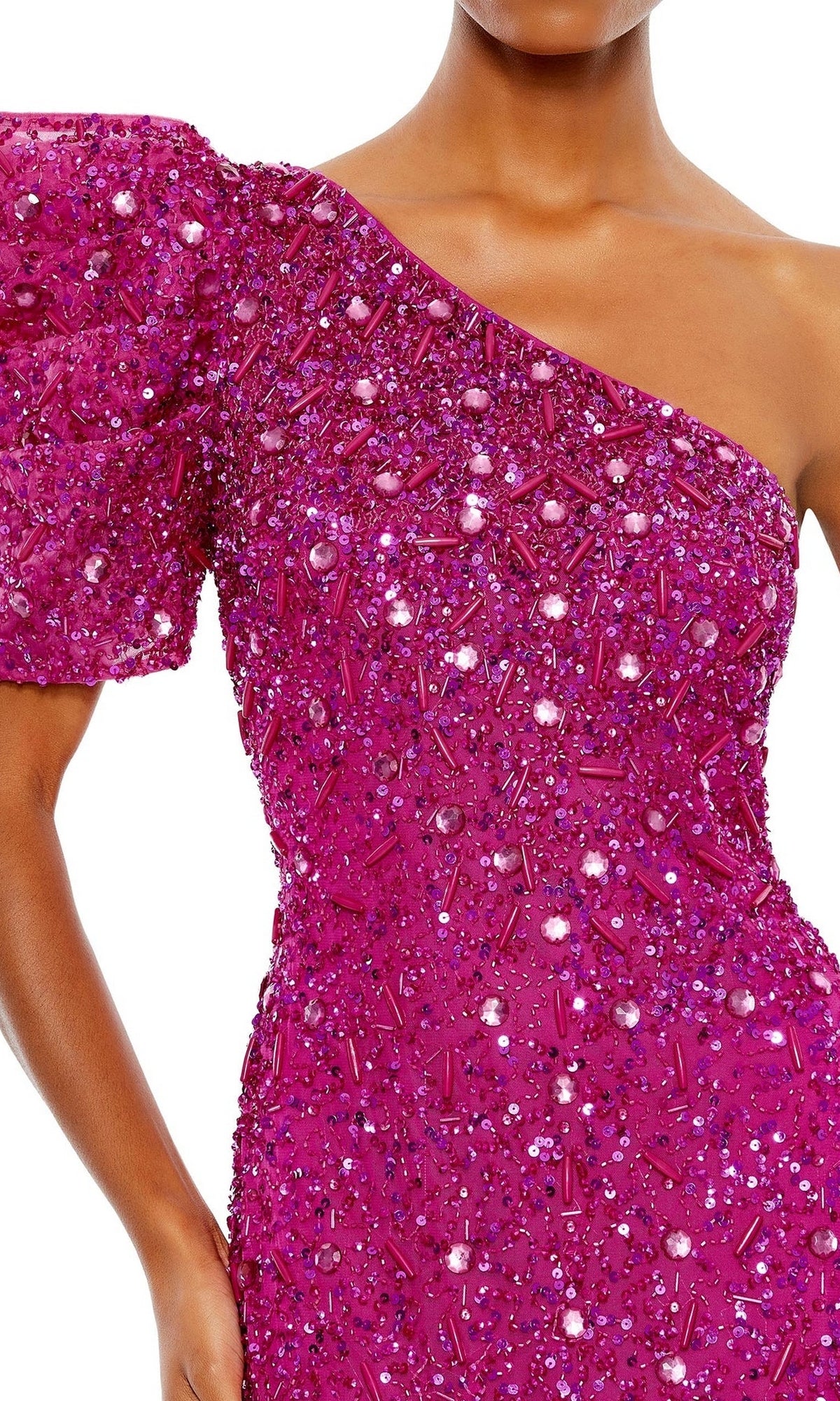 A person wearing the Long Formal Dress 10912 by Mac Duggal—magenta, one-shoulder, and adorned with sequins, beads, and embellishments.