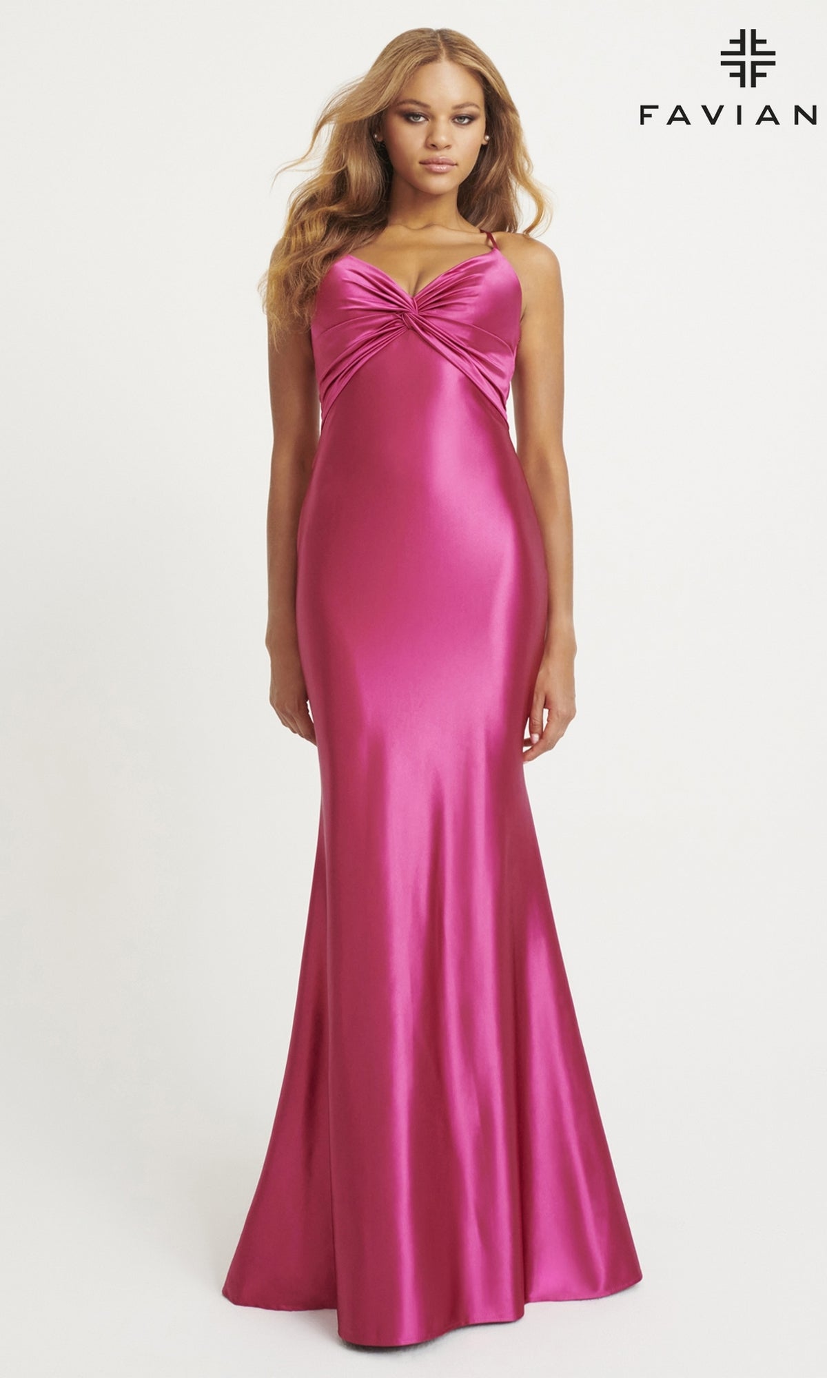 Woman wearing the Twist-Knot Faviana Long Satin Prom Dress 11034 in fuchsia satin, featuring thin straps and a ruched sweetheart neckline; ideal for prom.