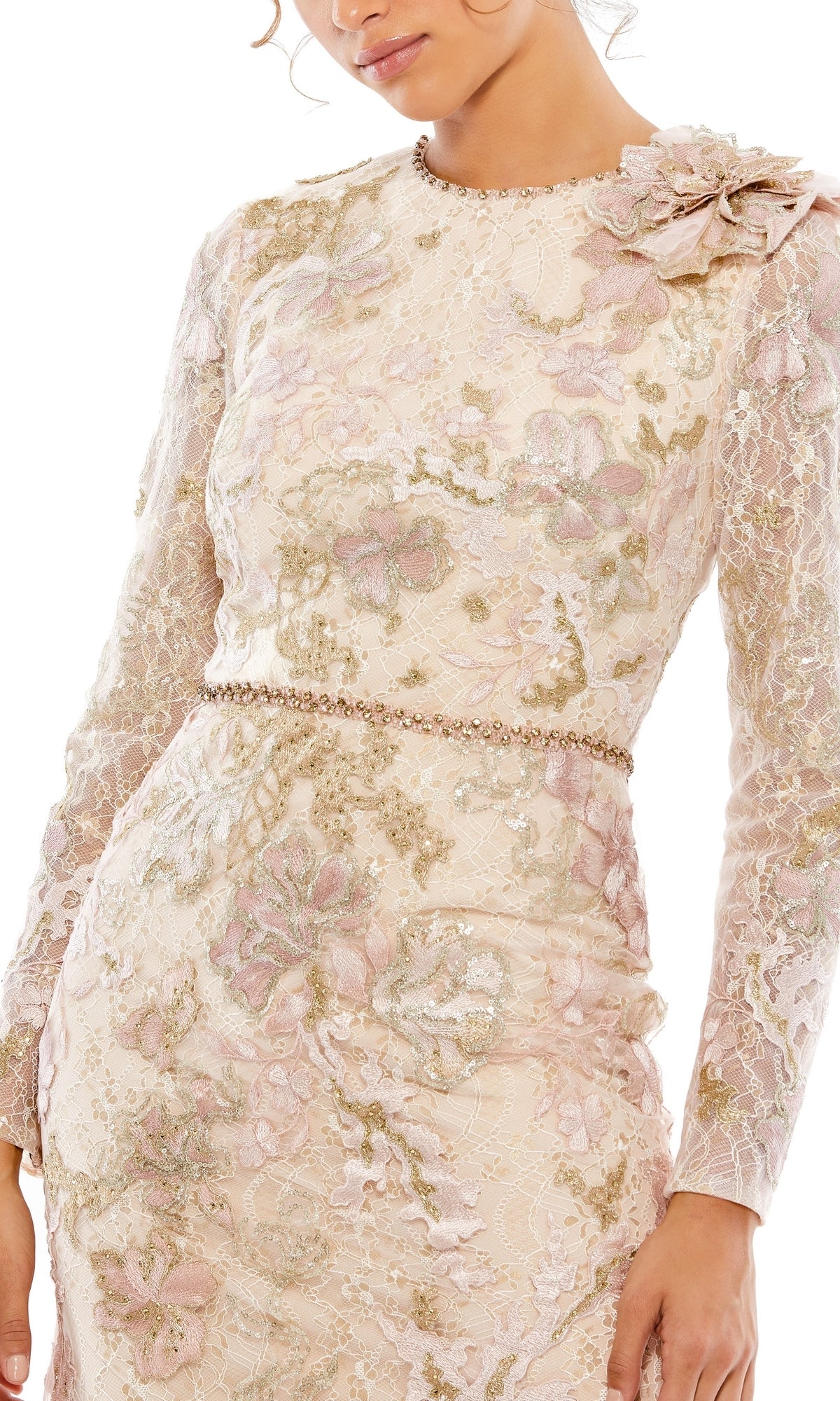 A woman wearing the Long Formal Dress 11174 by Mac Duggal, featuring long sleeves, floral lace embroidery, a beaded belt, and a decorative fabric flower on the shoulder.
