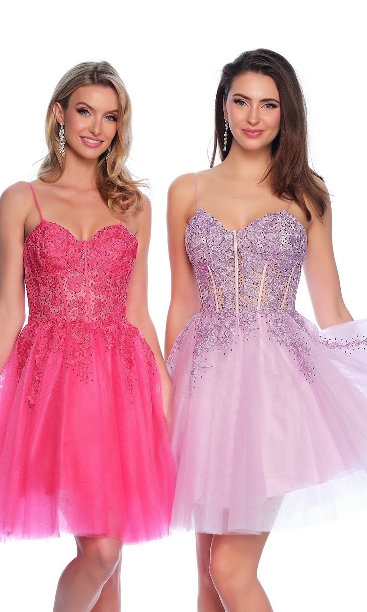 Two women stand side by side, smiling at the camera in short, sleeveless party dresses—one in bright pink tulle, the other in a Dave and Johnny Short White Hoco Dress 11206, both embellished for a festive look.