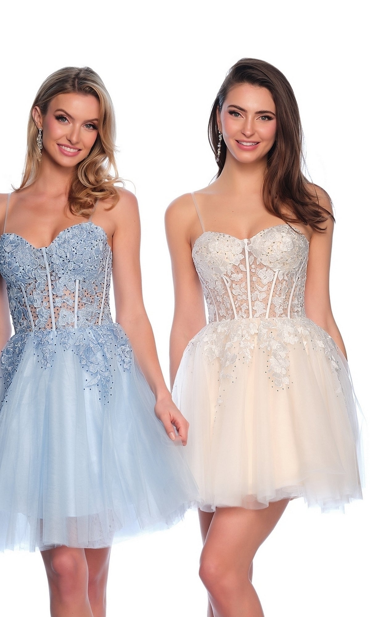 Two women stand side by side wearing strapless short tulle dresses with lace bodices—one in light blue, the other in the Dave and Johnny Short White Hoco Dress 11206, featuring embroidered lace details for a chic homecoming look.