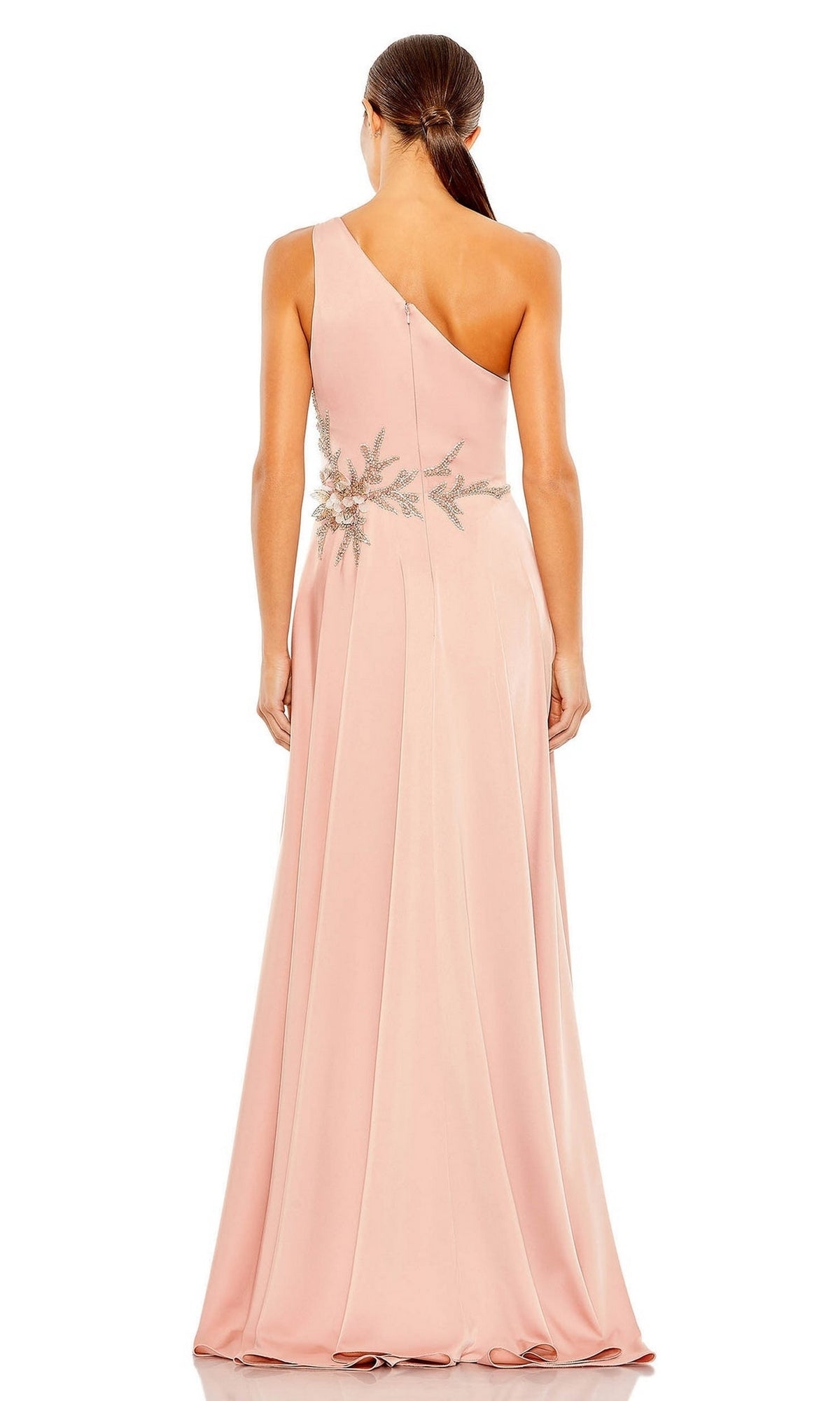 A woman is shown elegantly from the back wearing the Long Formal Dress 11262 by Mac Duggal, a floor-length pastel gown with an embellished waist and one-shoulder design.