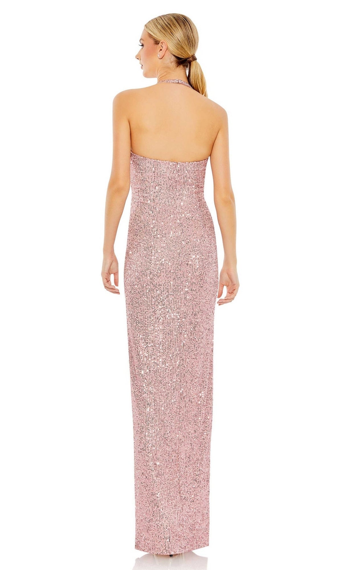 Woman wearing the Long Black Sequin Halter Prom Dress 11279, standing with her back to the camera.