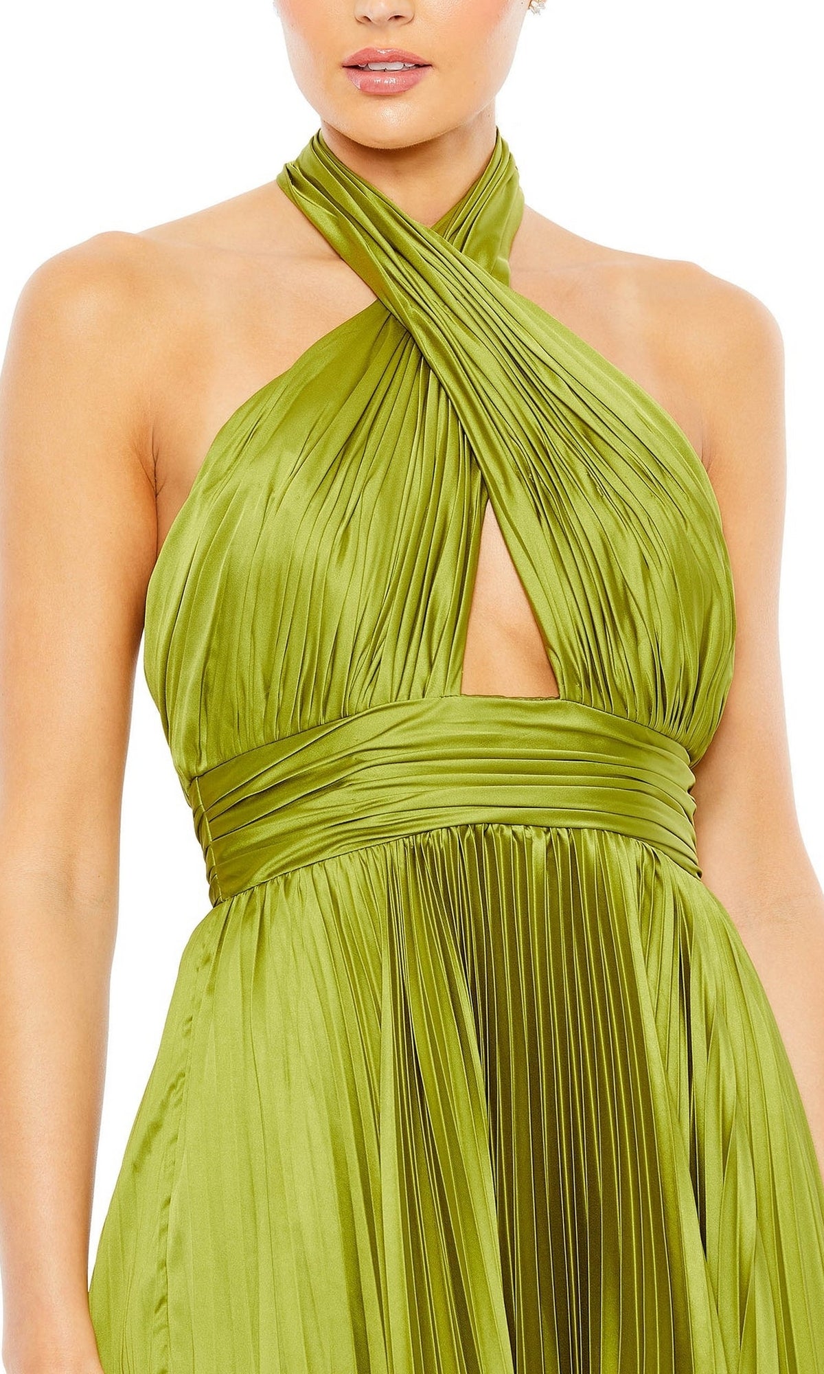 A woman wearing the Long Formal Dress 11302 by Mac Duggal—a sleeveless, lime green halter gown with pleats, a crisscross neckline, and a keyhole chest cutout.