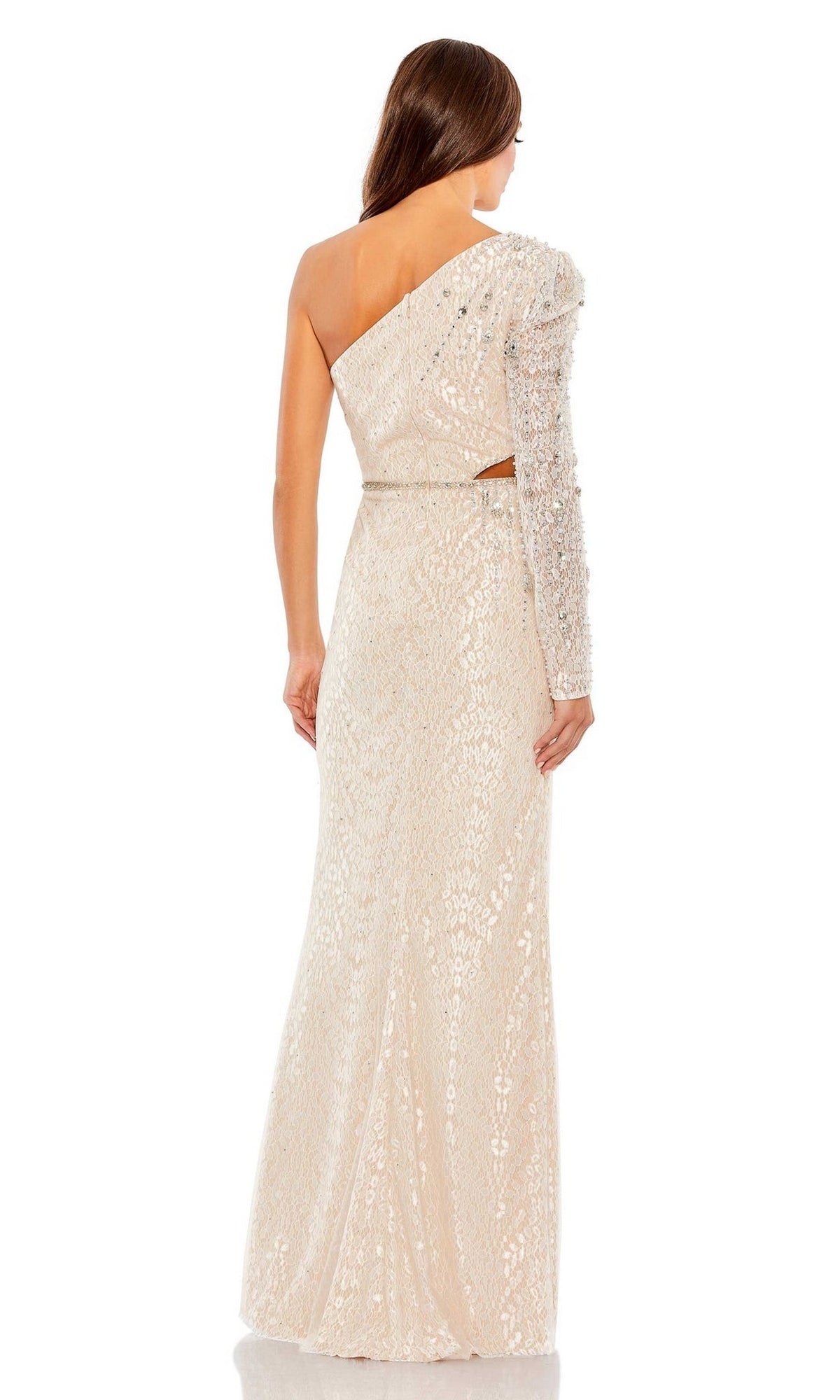 A woman is shown from the back wearing Mac Duggal Long Formal Dress 11306—a cream sequin, floor-length, one-shoulder gown with a single fitted long sleeve and a waist cutout.