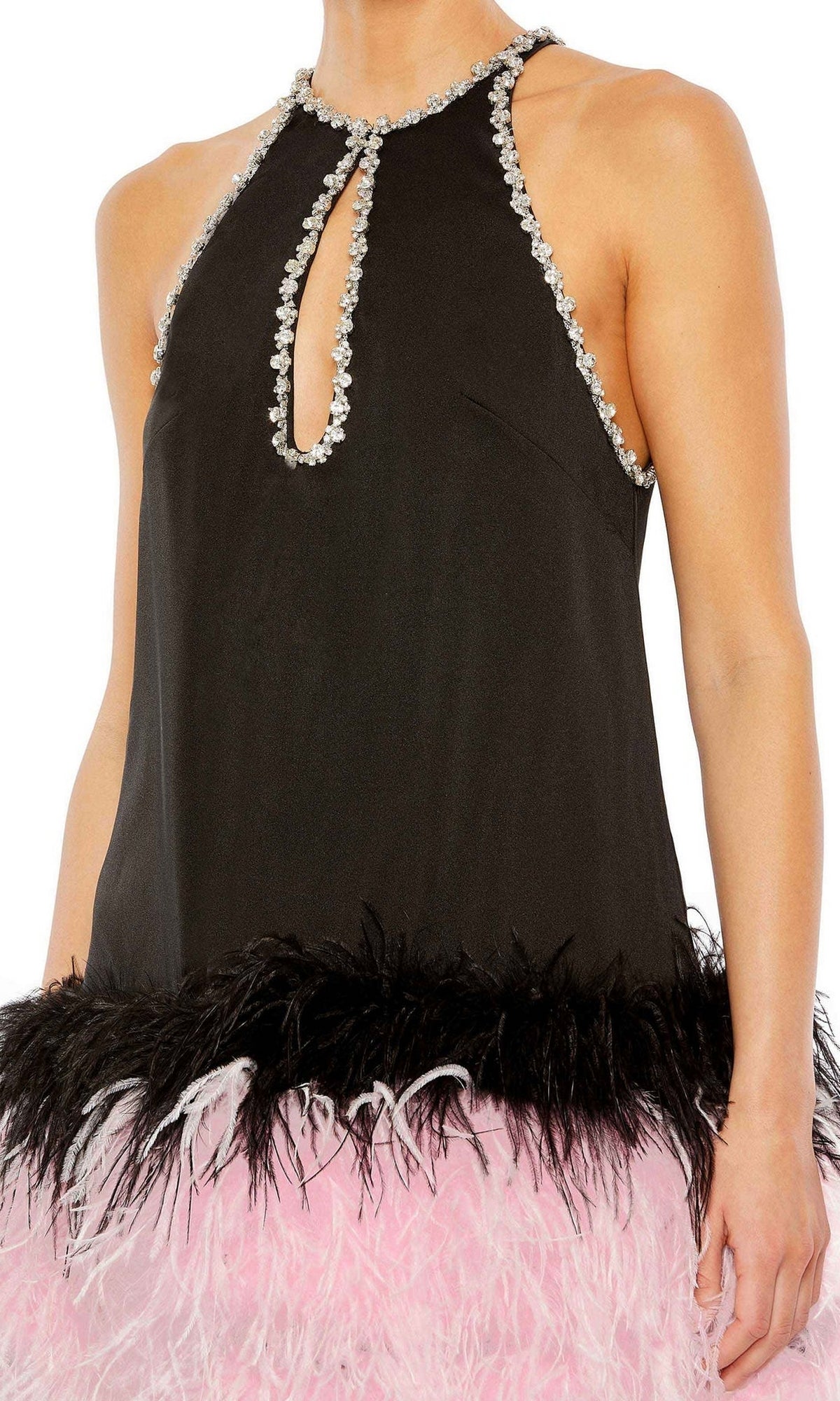 Someone wears the Short Homecoming Dress 11437 by Mac Duggal, a sleeveless black dress with feather trim, a crystal-outlined keyhole neckline, and a pink feathered skirt.