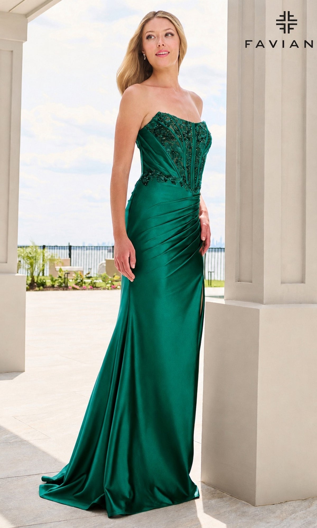 Faviana 11606 dark emerald strapless beaded corset prom dress with a floor-length satin skirt and side slit.
