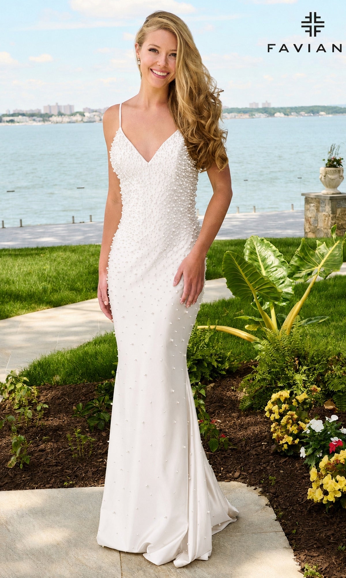 Ivory floor-length V-neck Faviana 11611 prom dress adorned with pearls.