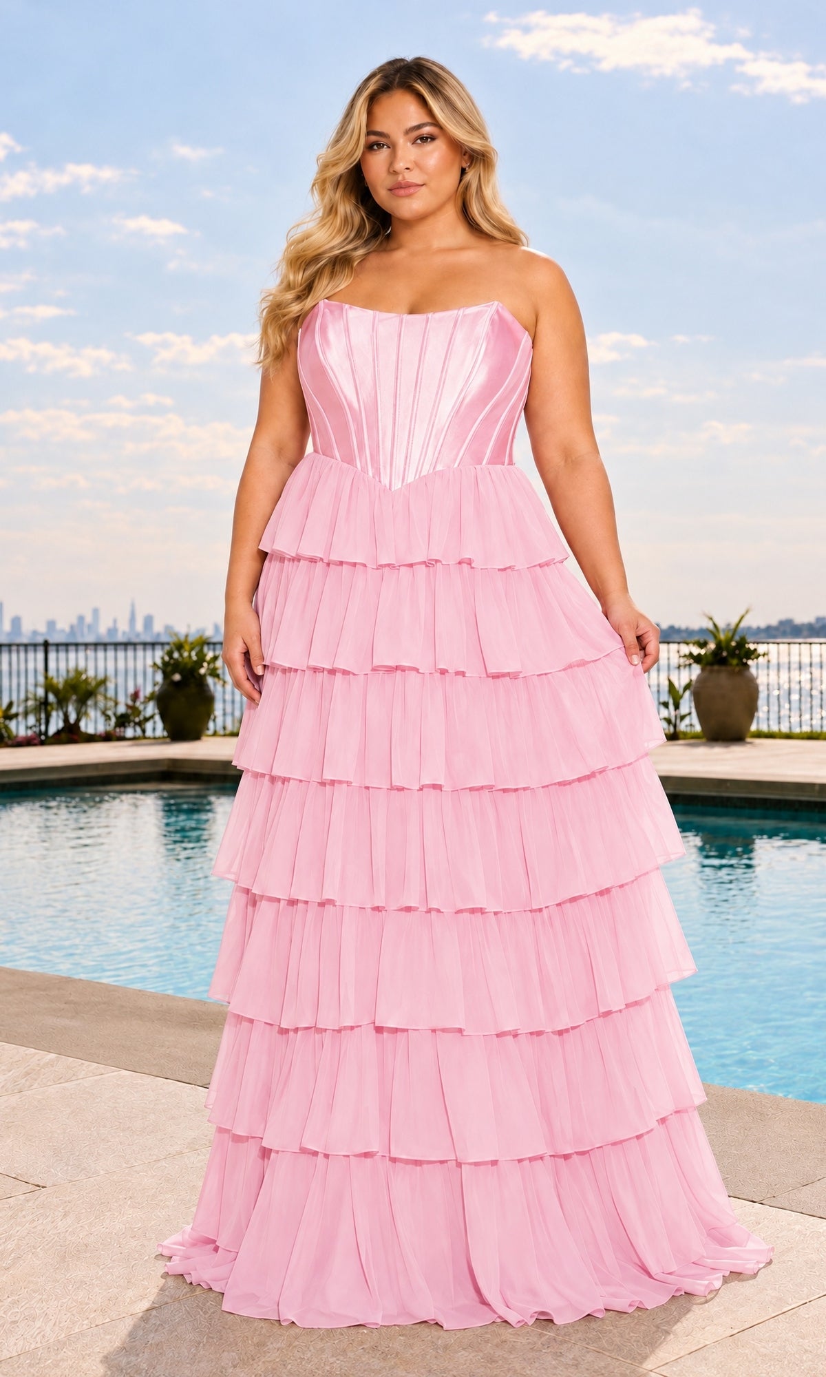A woman wearing a light pink, strapless, floor-length tiered chiffon Long Plus-Size Prom Dress: Faviana 11631E with a corset-style bodice and a ruffled skirt.