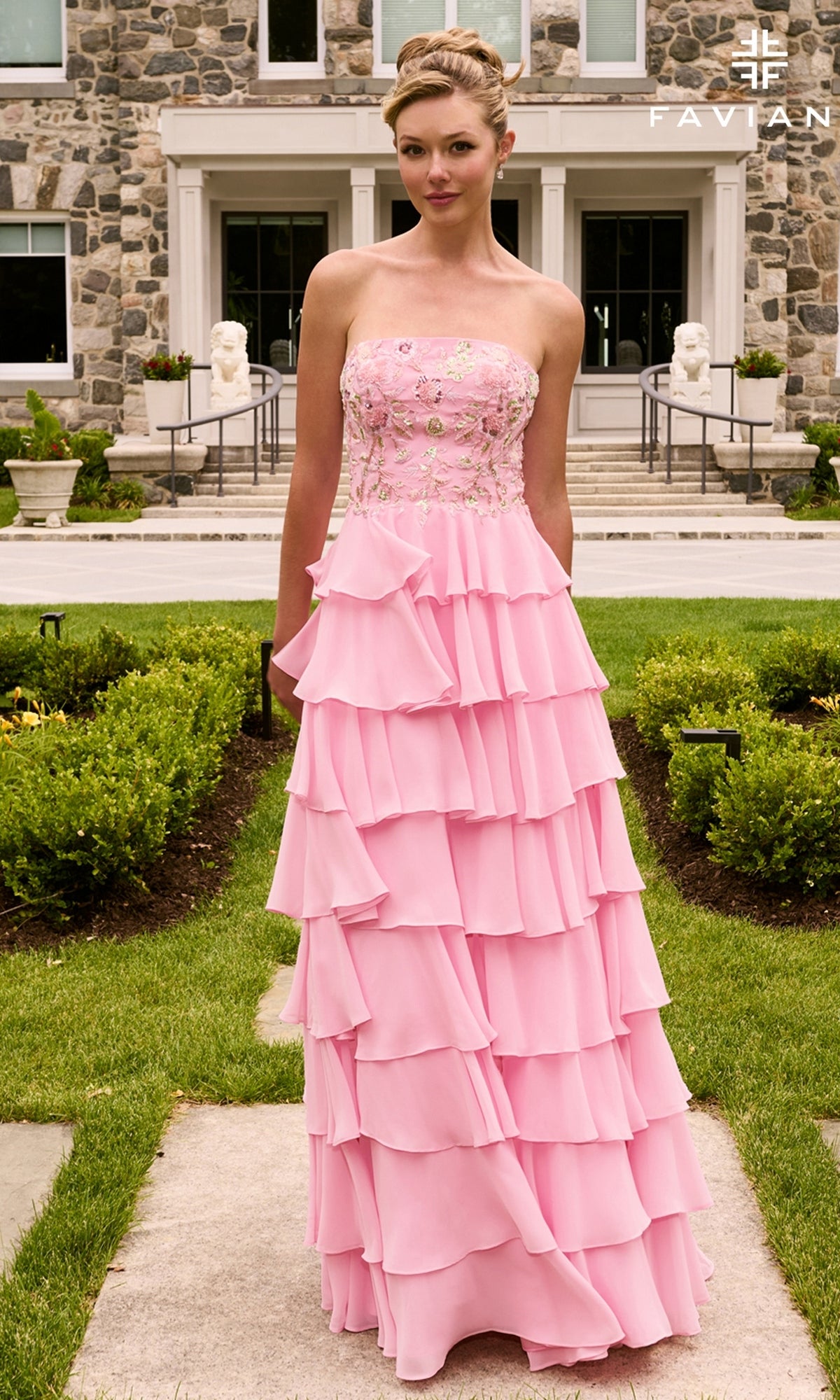 Long Prom Dress: Faviana 11675, a floor-length, strapless pink gown featuring a sequined bodice and a tiered, ruffled skirt.