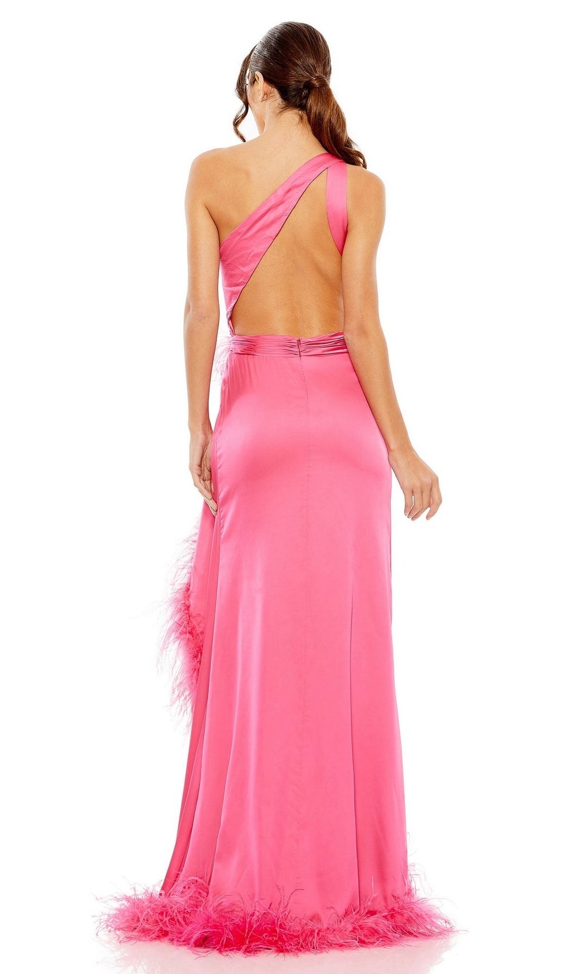 A woman faces away from the camera in the Feather Long Neon Formal Dress: Mac Duggal 11689—a bright pink, floor-length one-shoulder gown featuring an open back and feather trim at the hem.