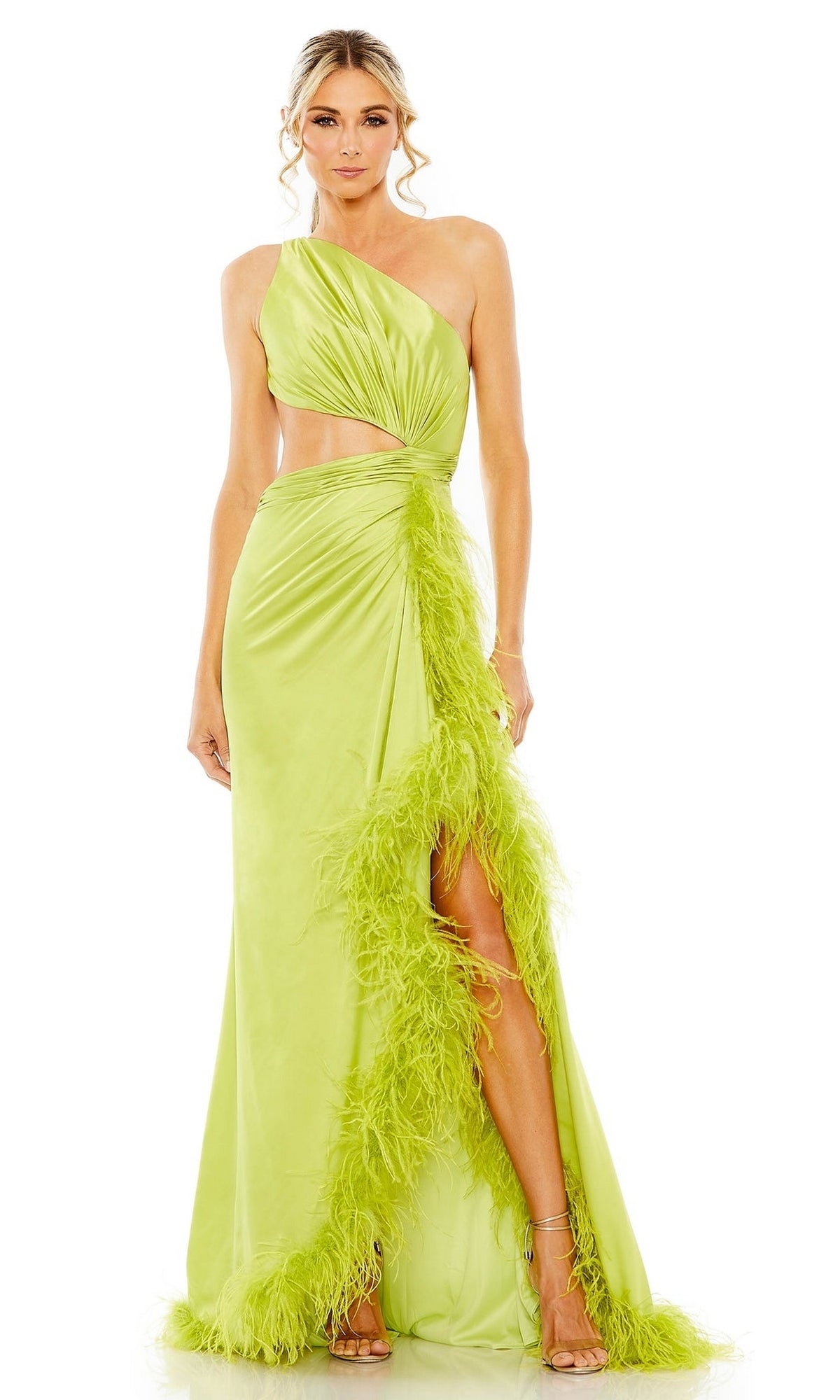 A woman wears the Feather Long Neon Formal Dress: Mac Duggal 11689—an eye-catching, feather-trimmed, one-shoulder gown with a side cut-out and high slit—perfect for making an unforgettable entrance at any event.