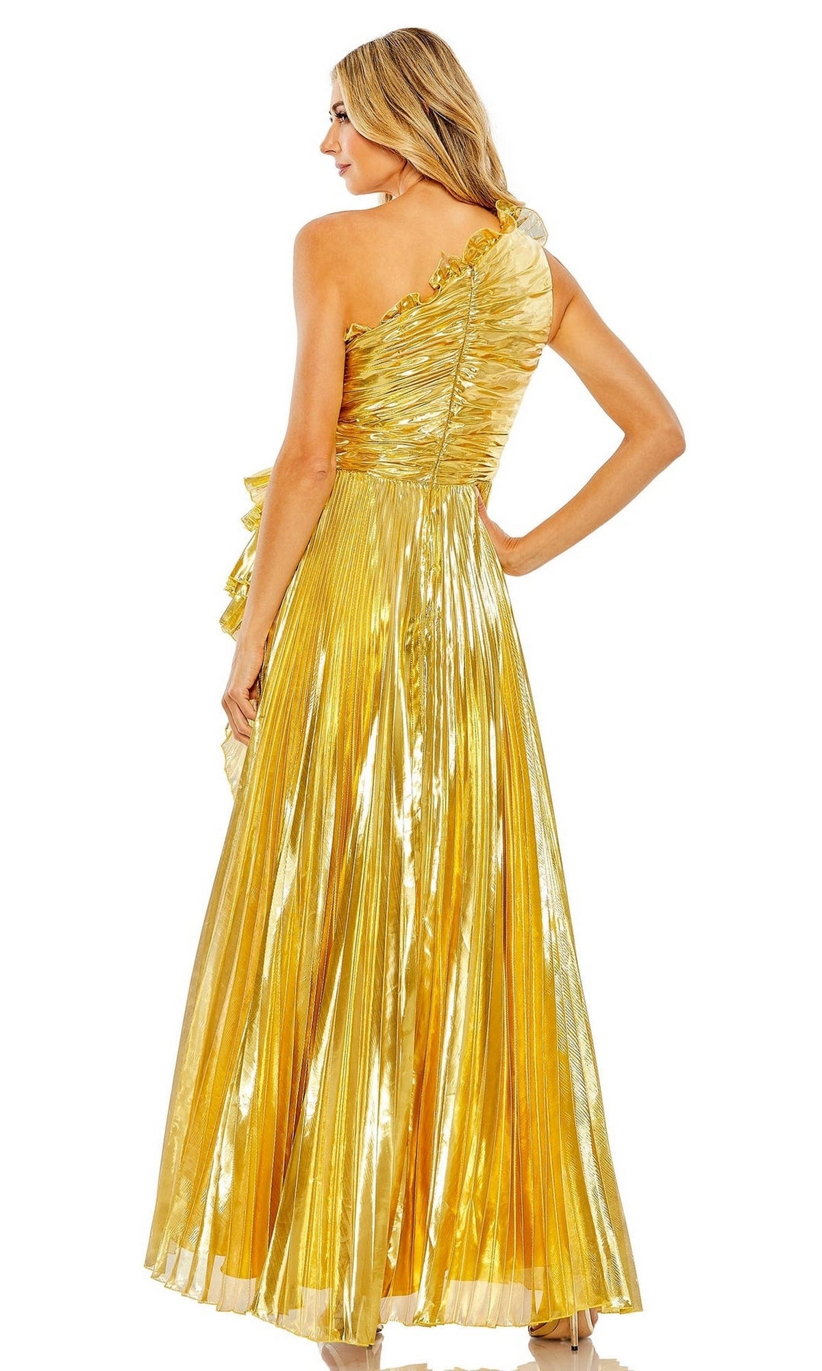 A woman models the Long Formal Dress 11696 by Mac Duggal—a metallic, pleated, one-shoulder gown—elegantly captured from the back against a white background.