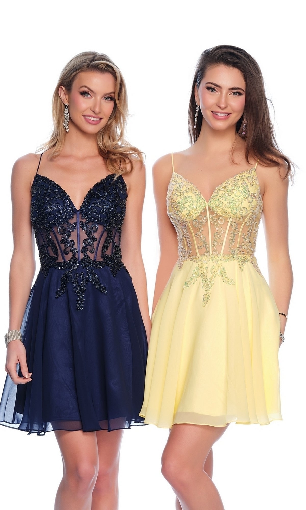 Two women stand side by side in Dave & Johnny Short Chiffon Hoco Dress 11789; one wears navy blue with sequins, the other pale yellow with gold accents, both featuring a-line skirts and sheer bodices.