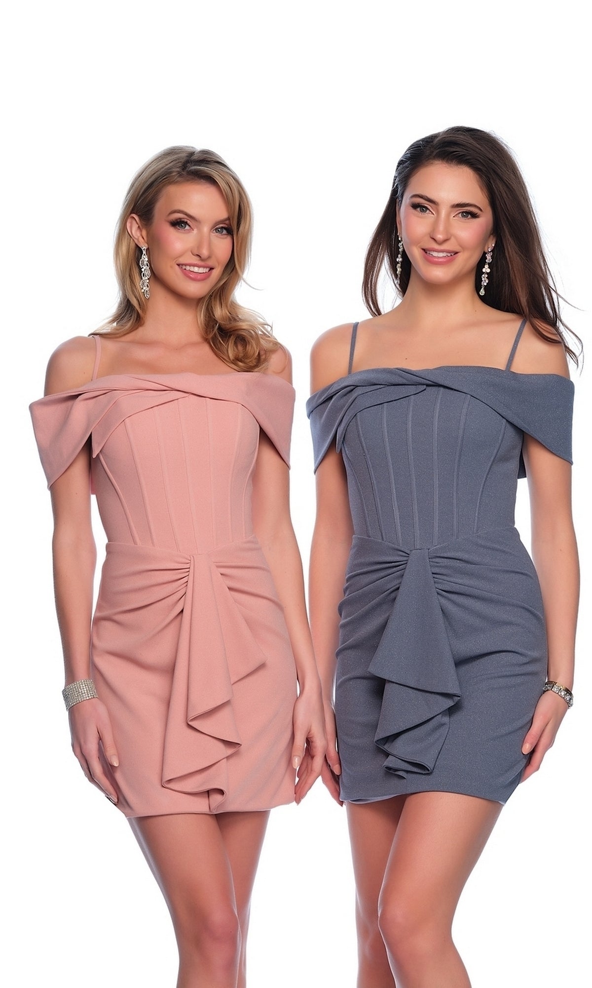 Two women stand side by side in off-the-shoulder cocktail dresses with draped fronts—one wears a pink Dave & Johnny Front-Drape Short Hoco Dress 11807, the other a blue shimmer homecoming dress.