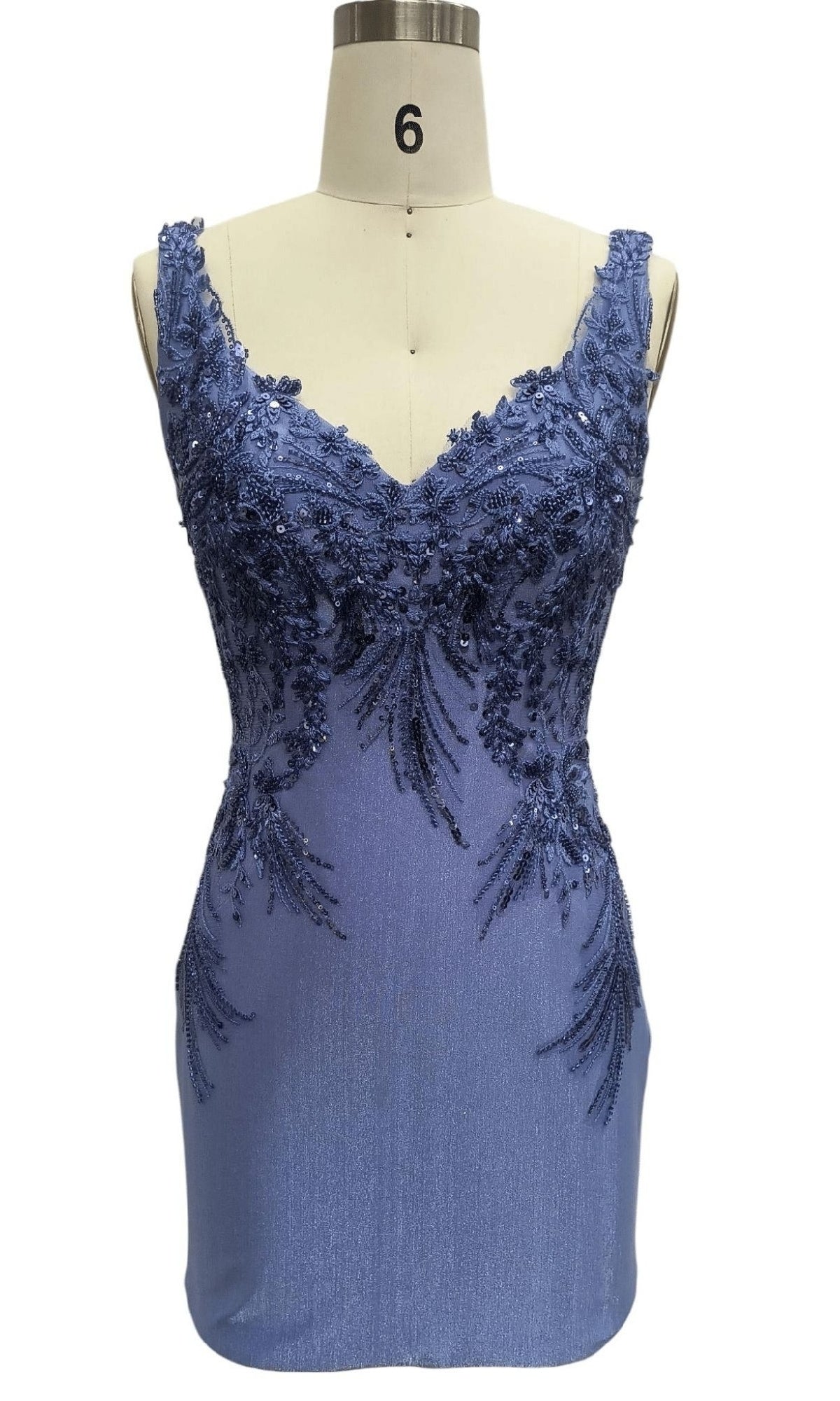 Sleeveless, fitted V-Back Short Blue Hoco Dress: 12462 featuring a deep V-neckline and intricate bead and sequin embroidery, displayed on a mannequin labeled