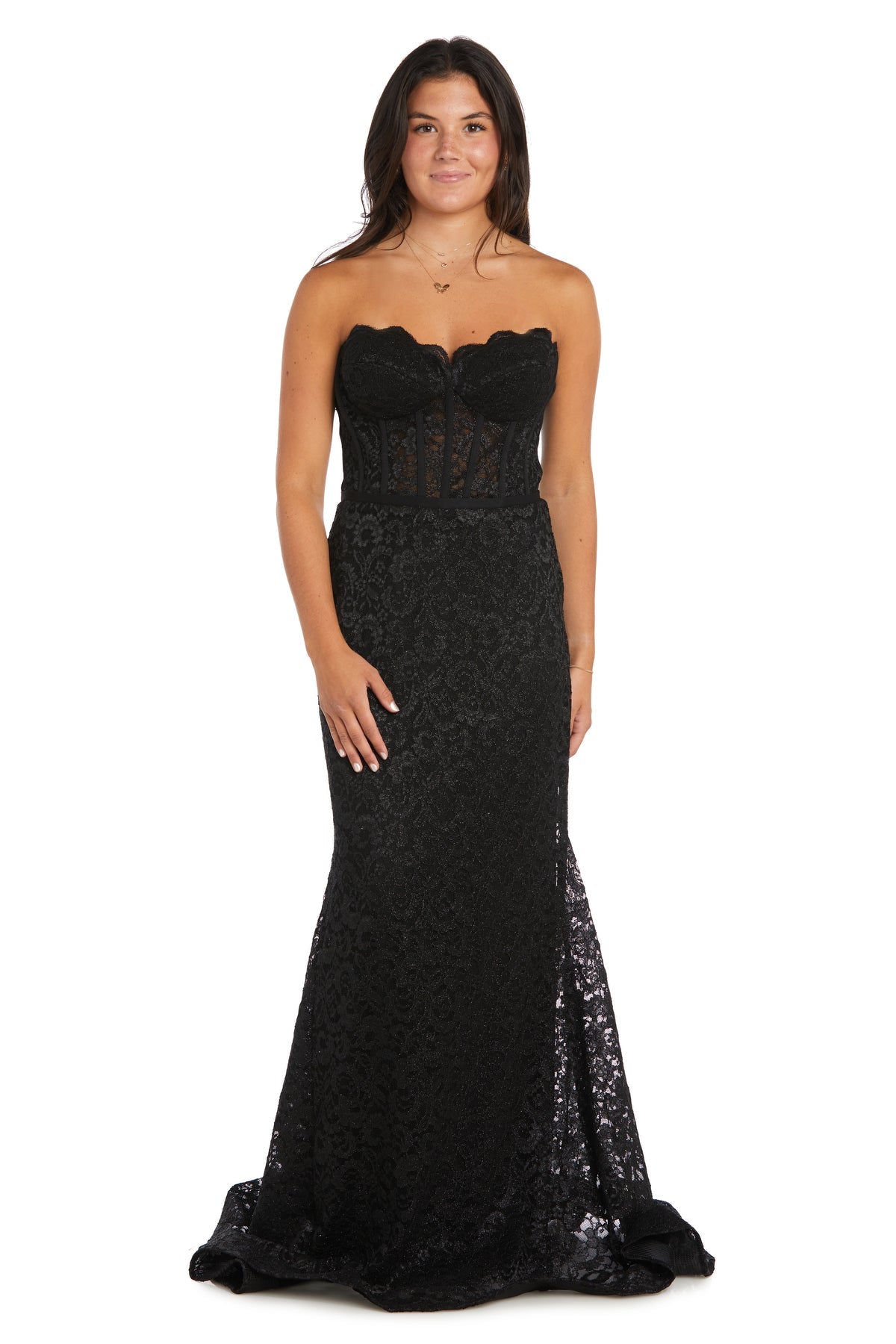 A woman faces forward against a white background, modeling the Strapless Long Lace Prom Dress: Morgan 13269 in black with a fitted bodice, mermaid silhouette, and slight train.