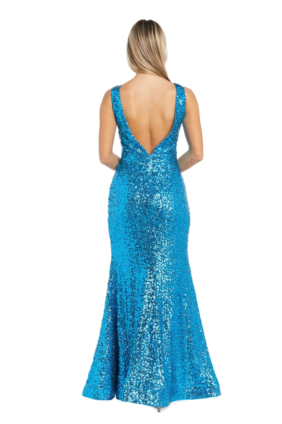 A woman faces away from the camera in the Morgan 13313, a sleeveless, floor-length sequin prom dress featuring a deep V-back and mermaid silhouette.