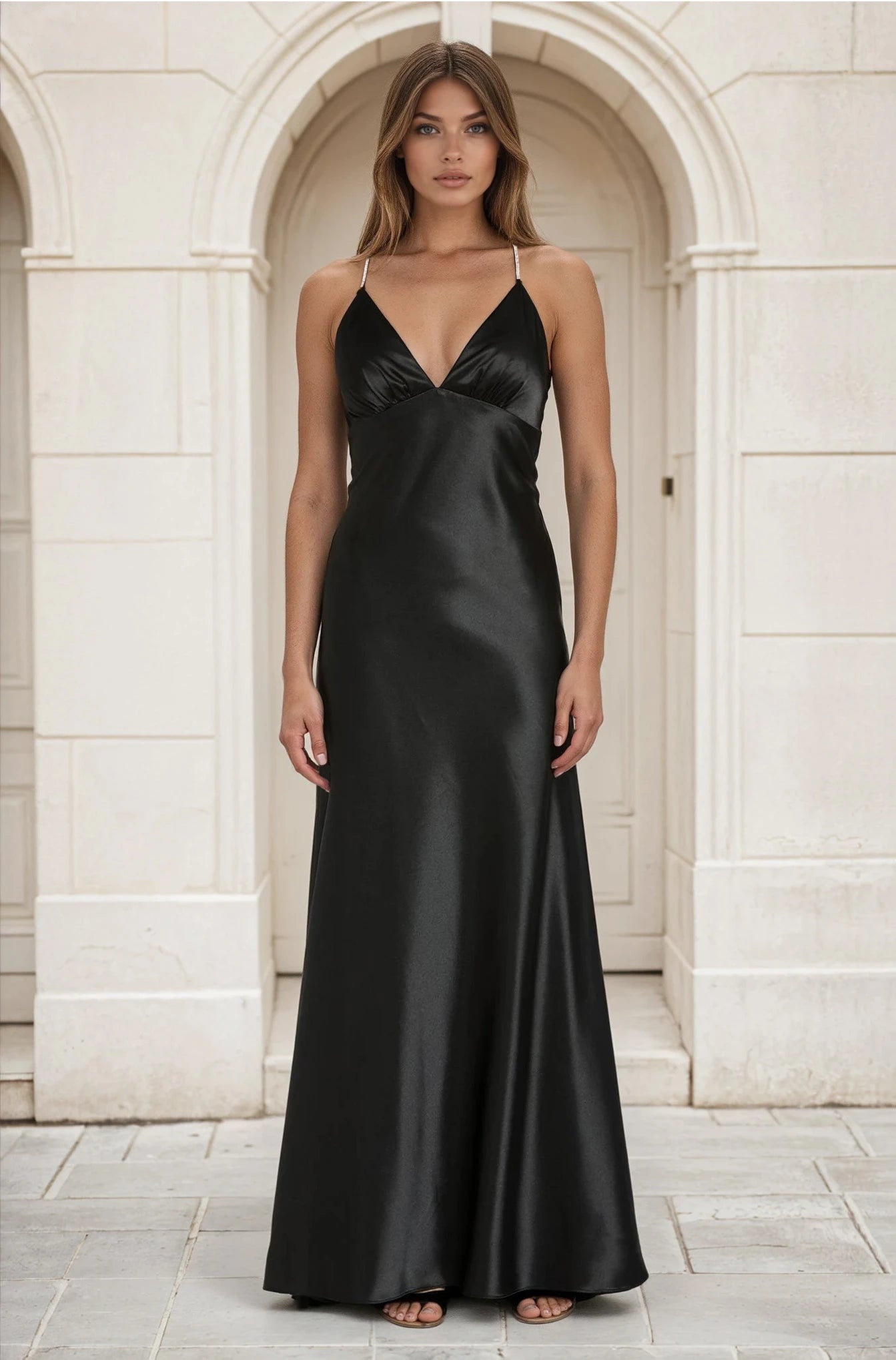 Woman wearing a black satin gown standing in front of a stone archway.