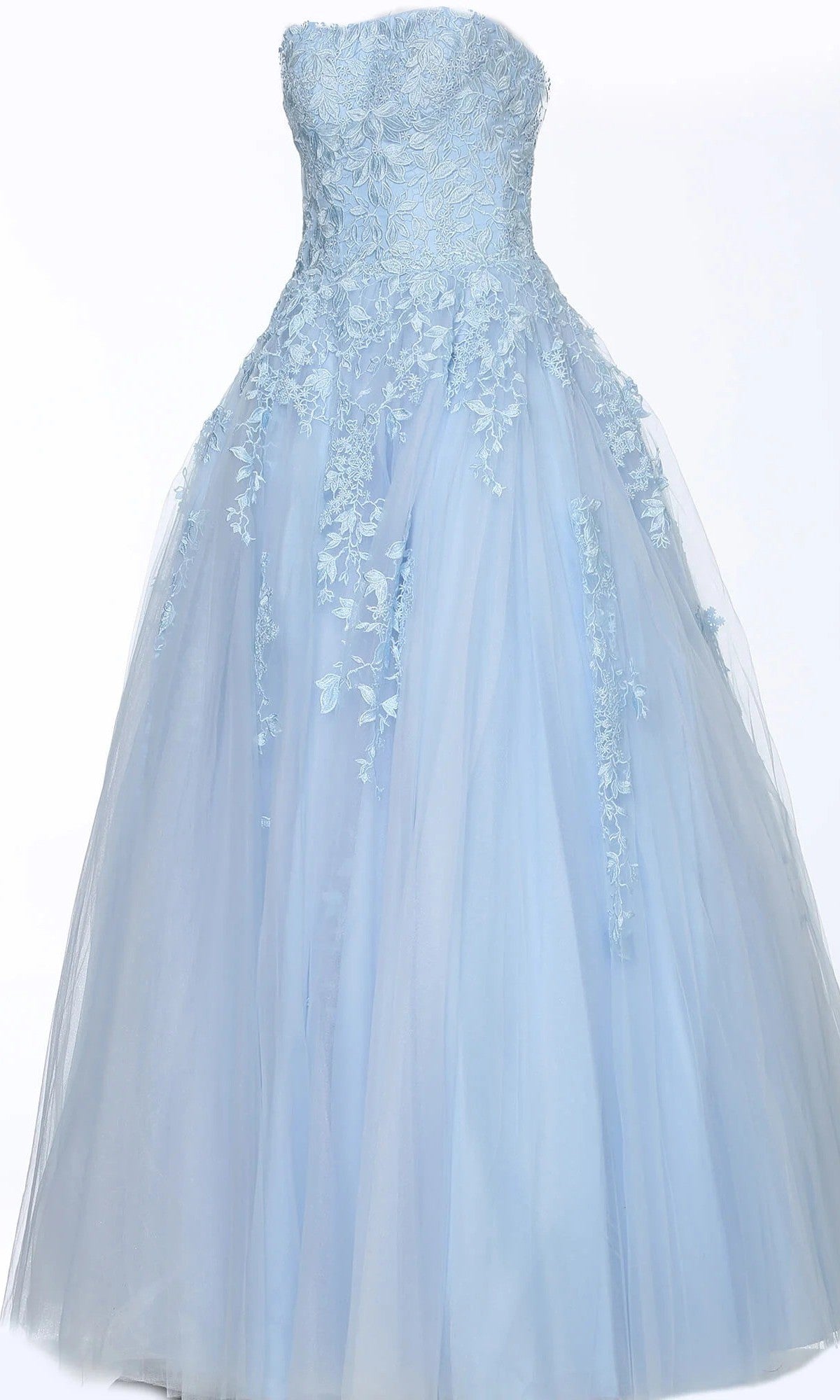 Long Formal Dress: Jovani 1831 in light blue, a strapless ballgown featuring exquisite floral lace embroidery and a full tulle skirt, displayed against a plain white background.