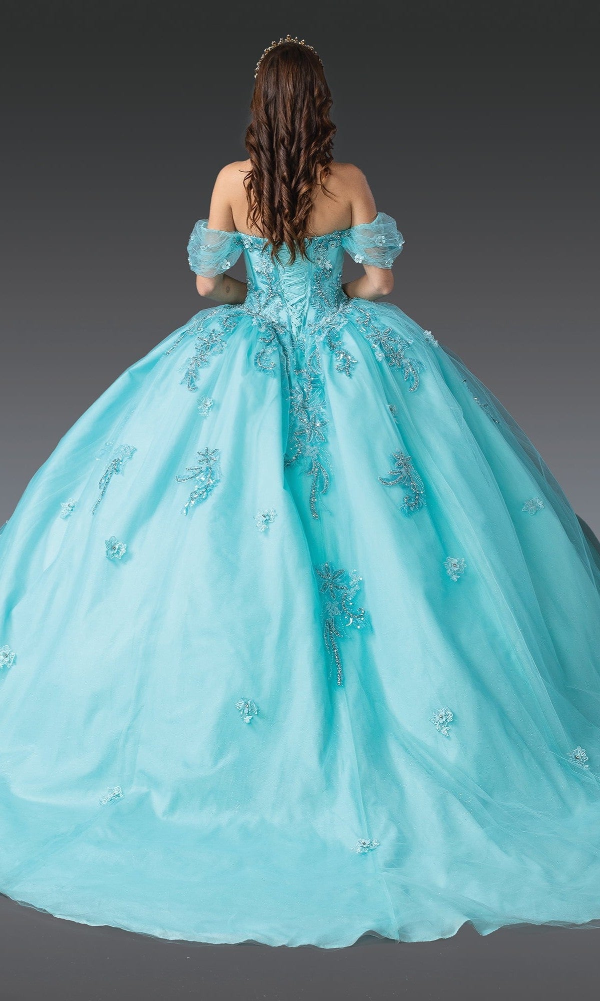 A woman with curly brown hair is seen from behind, wearing the Quinceanera Dress 1903 by Dancing Queen—an off-the-shoulder, light blue ball gown adorned with delicate floral embroidery and a structured corset bodice—set against a plain gray background.