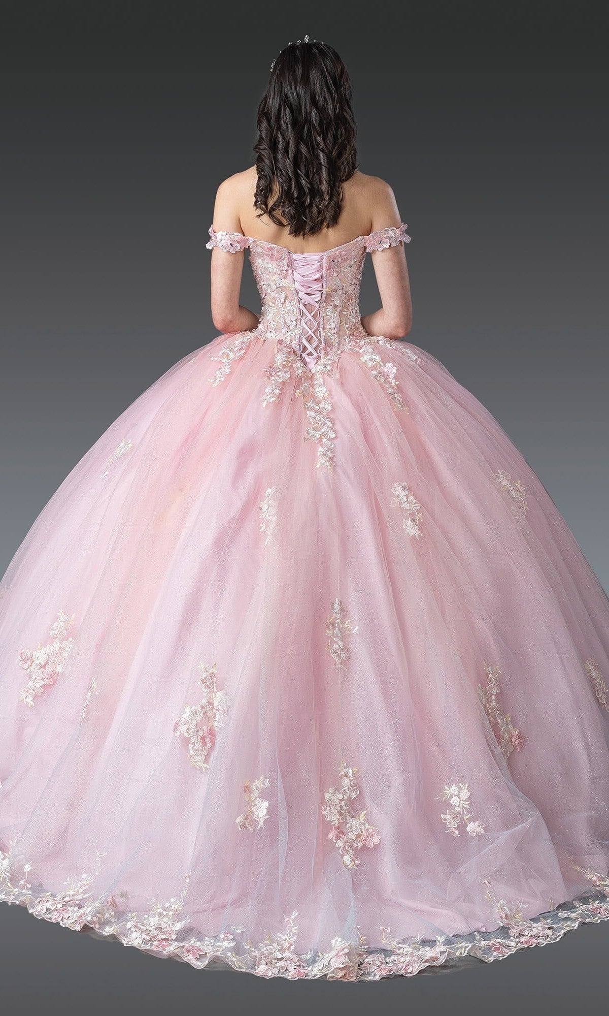 A young woman with dark, wavy hair is shown from the back against a plain gray background, wearing the Quinceanera Dress 1906 by Dancing Queen—an off-the-shoulder, pink gown beautifully embellished with 3D floral appliques and delicate embroidery.