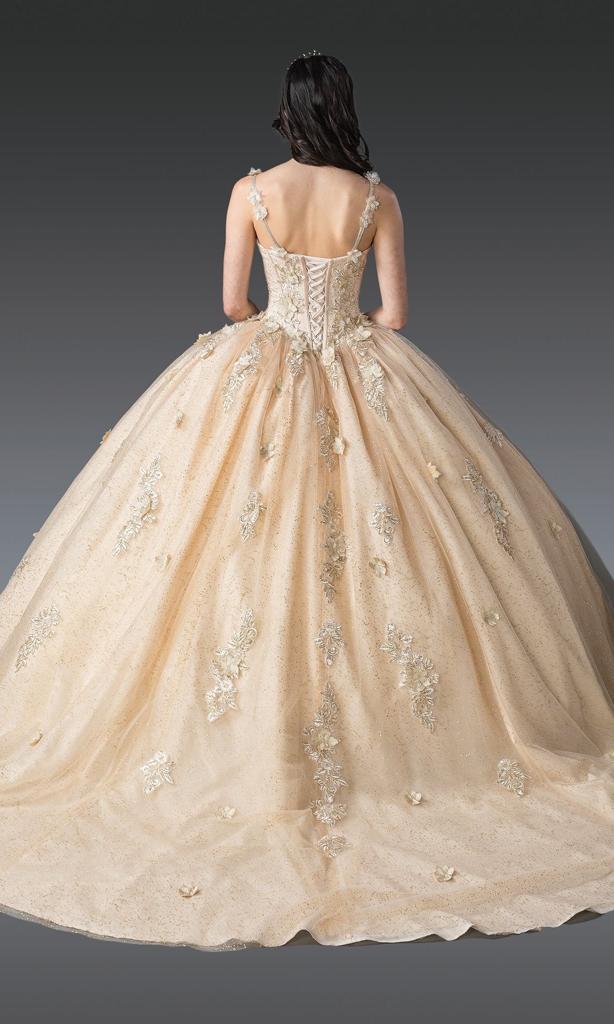 A person is shown from the back in the Quinceanera Dress 1915 By Dancing Queen, featuring an ornate light gold design with a corset bodice and floral embellishments, set against a gray background.