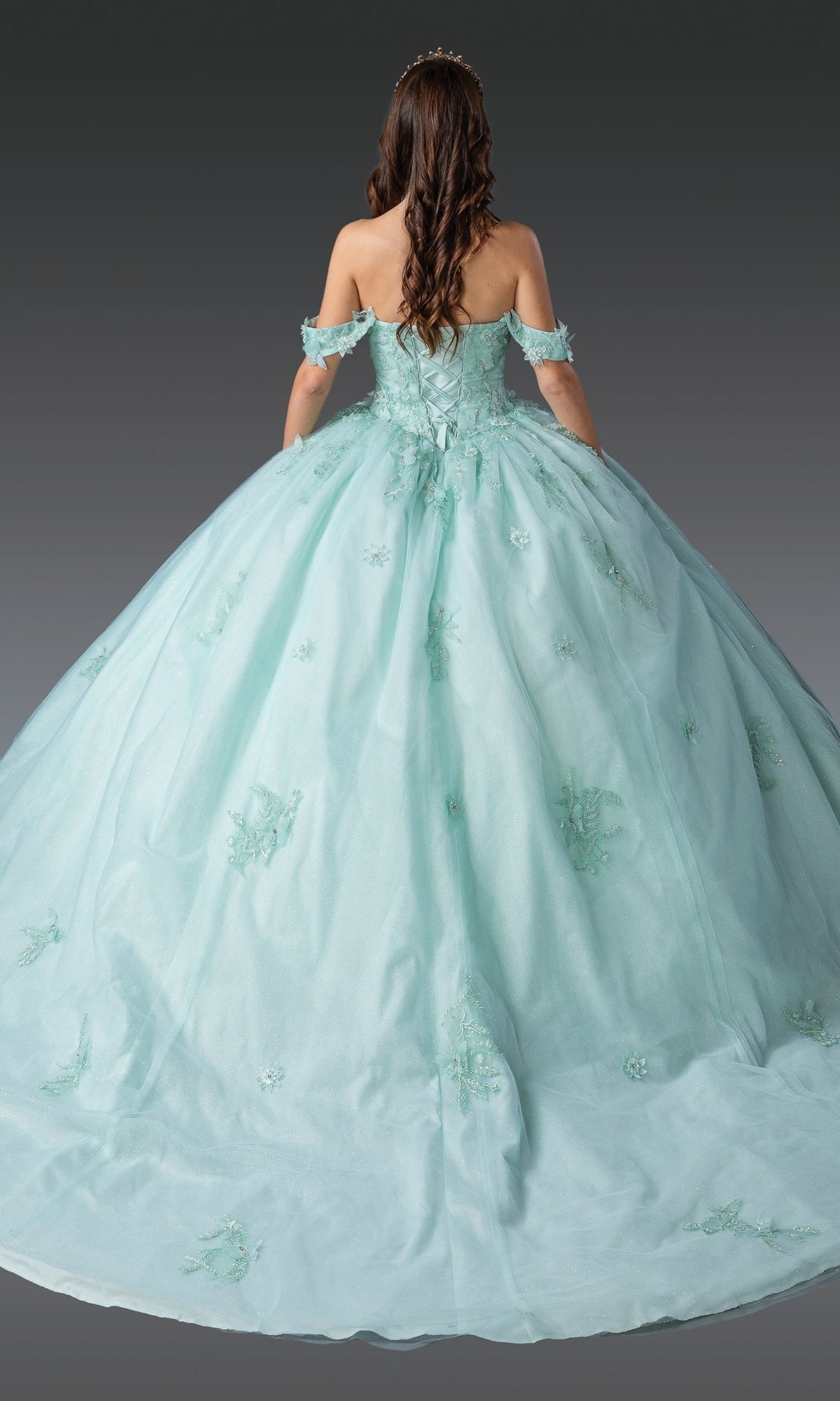 A person with long hair is seen from behind wearing the Quinceanera Dress 1922 By Dancing Queen—a light blue gown with floral embellishments and a corset bodice—against a plain background.