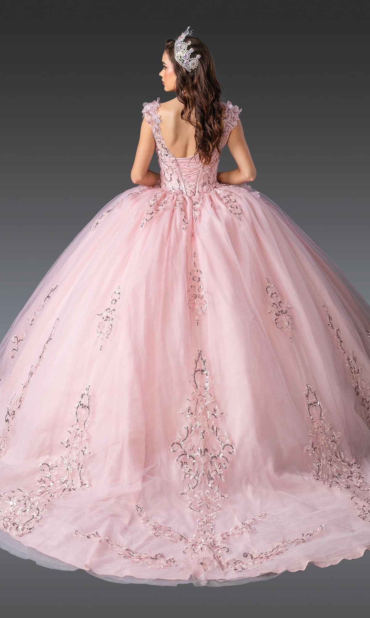 A woman stands with her back to the camera, wearing the Blush Pink Quinceanera Dress 1925 By Dancing Queen—featuring 3D floral accents, embroidered details, a lace-up back, and a ball gown skirt—against a gray background.