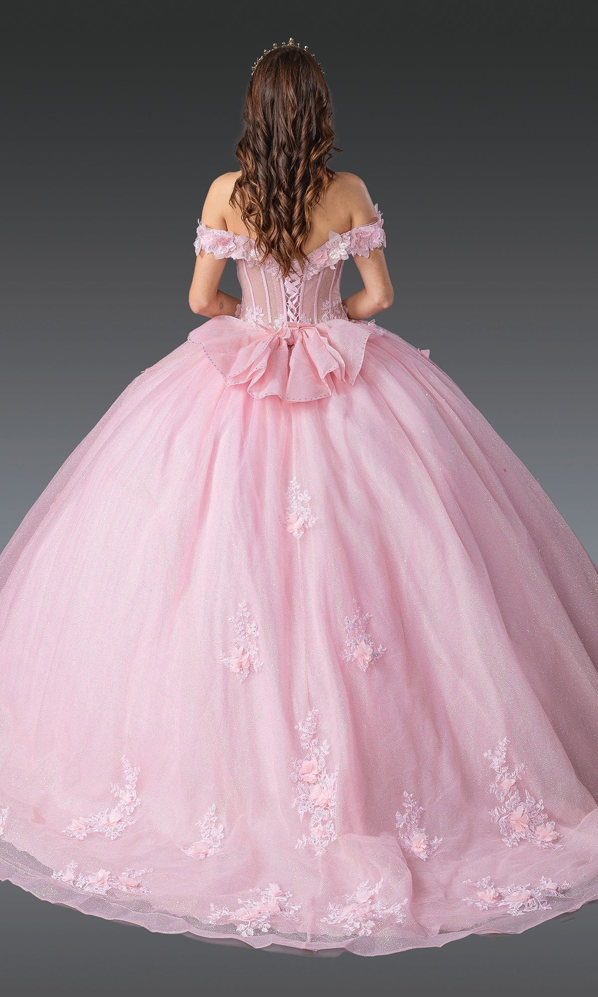 A woman with long wavy hair is photographed from the back against a gray background, wearing Quinceanera Dress 1933 By Dancing Queen, an off-the-shoulder gown adorned with floral embroidery.