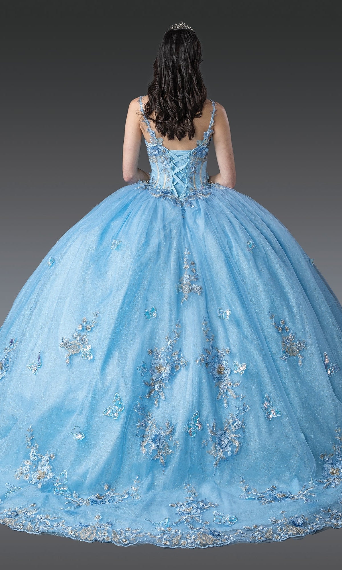 A woman faces away, showcasing the elegant lace-up back of the Blue Quinceanera Dress 1942 By Dancing Queen, featuring floral embroidery and butterfly embellishments.