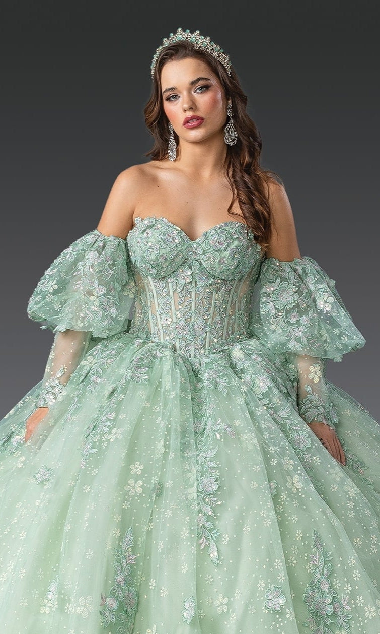 A woman in the Quinceanera Dress 1973 by Dancing Queen—a light green, off-the-shoulder gown with floral embroidery, sheer puff sleeves, corset bodice, and matching gloves—completes her look with a tiara and earrings.