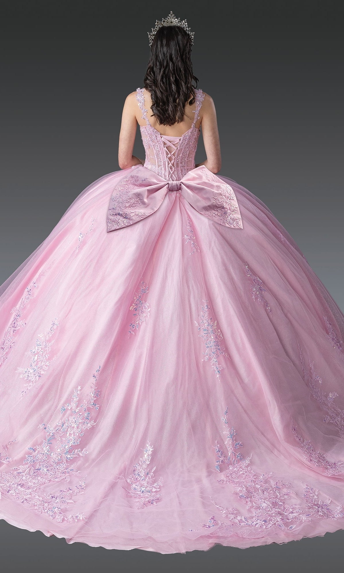 A woman is shown from behind against a gray background wearing the Quinceanera Dress 1989 By Dancing Queen—a light pink ball gown with floral and beaded embroidery, corset bodice, large back bow, and tiara.