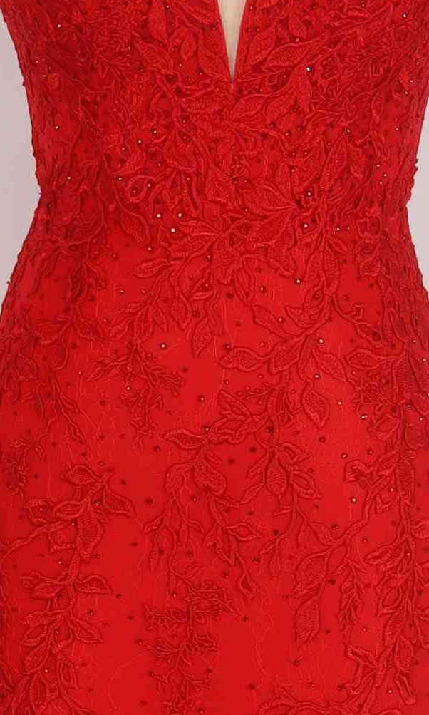 Close-up of the Long Prom Dress: PromGirl Exclusive 110362B in red, showcasing intricate floral lace embroidery, delicate bead detailing, and elegant floral lace appliqué.