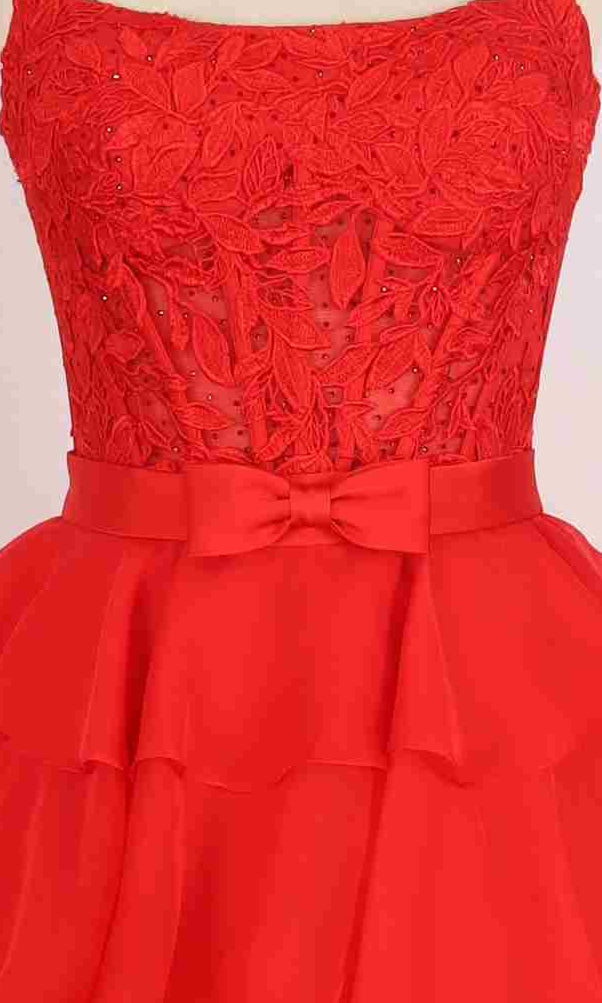 Close-up of the Long Prom Dress: PromGirl Exclusive 250202, showcasing a red lace embroidered corset bodice with leaf patterns, delicate embellishments, a ribbon bow belt, and a layered skirt.