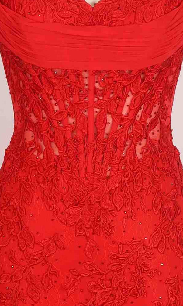 Close-up of the PromGirl Exclusive 250231 long prom dress, a strapless lace gown with a sweetheart neckline, detailed floral embroidery, sheer mesh panels, and sparkling rhinestone accents.