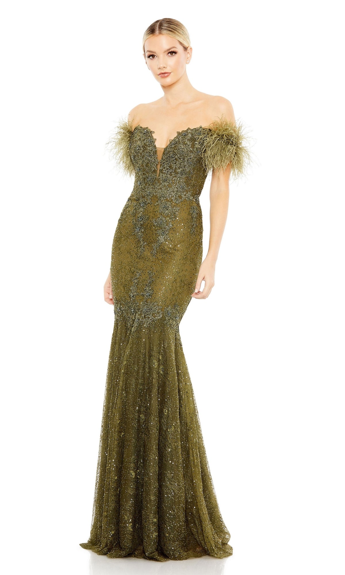 A woman in the Mac Duggal 20246 off-shoulder long formal dress, featuring olive green color, feathered sleeves, and a fitted mermaid silhouette for timeless elegance.
