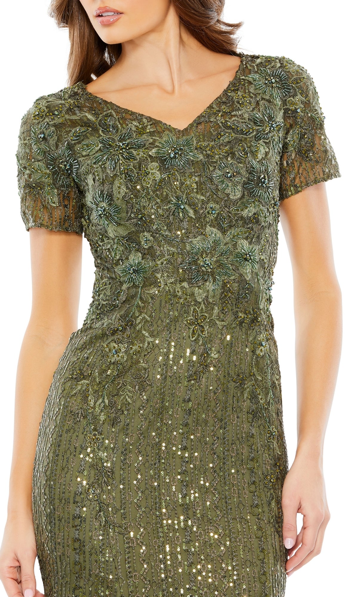 A woman wearing the Long Formal Dress 20282 by Mac Duggal, featuring a fitted silhouette, short sleeves, v-neckline, olive green color, and floral embroidery with sequin embellishments.