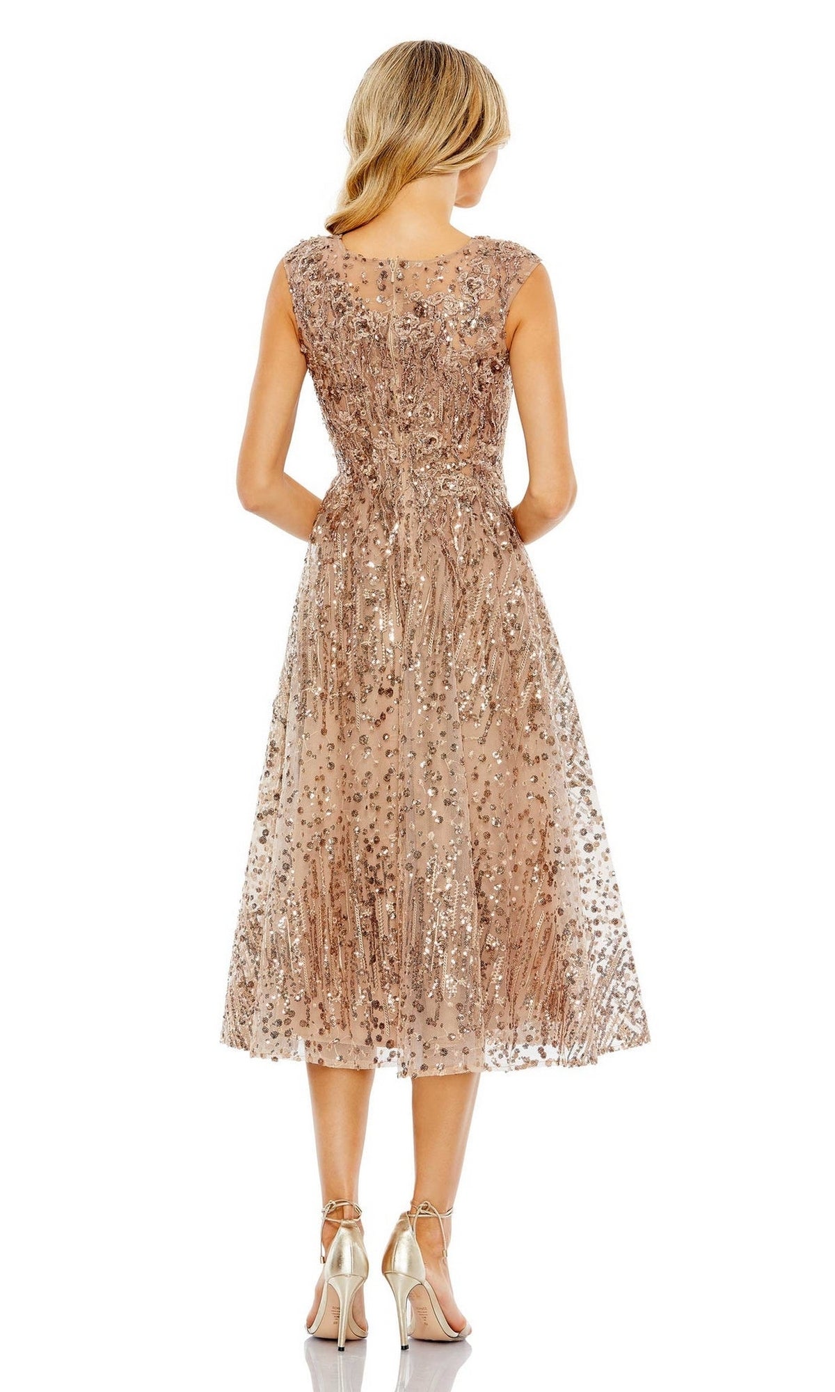 A woman faces away, wearing the Mac Duggal 20398 Bronze Midi Wedding Guest Dress—a sleeveless, sequin-embellished party dress paired with metallic high heels.