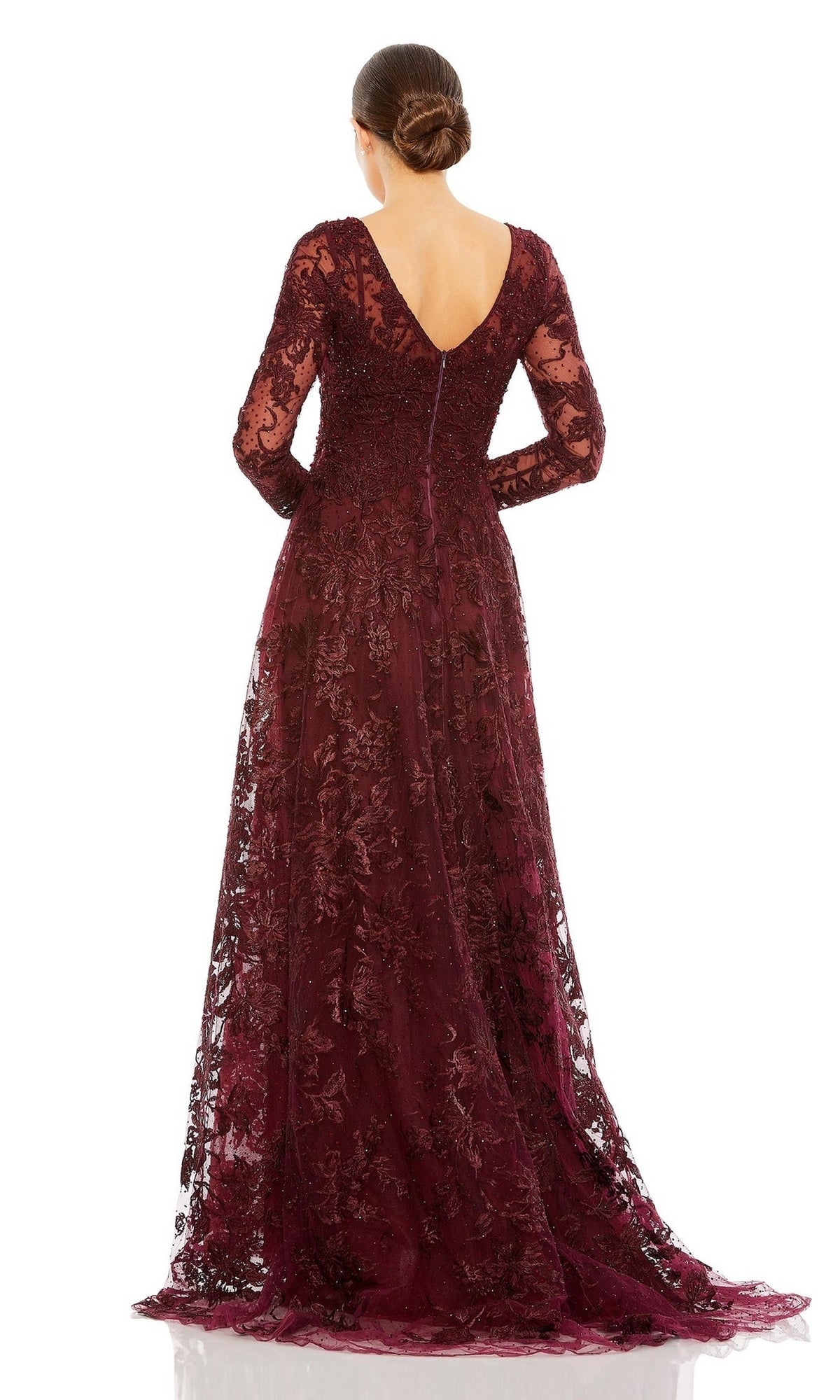 Woman with an updo, seen from behind, wears the Mac Duggal 20409—a lace embroidered, long-sleeve, floor-length burgundy gown with a V-back. This elegant A-line formal dress is perfect for any special occasion.