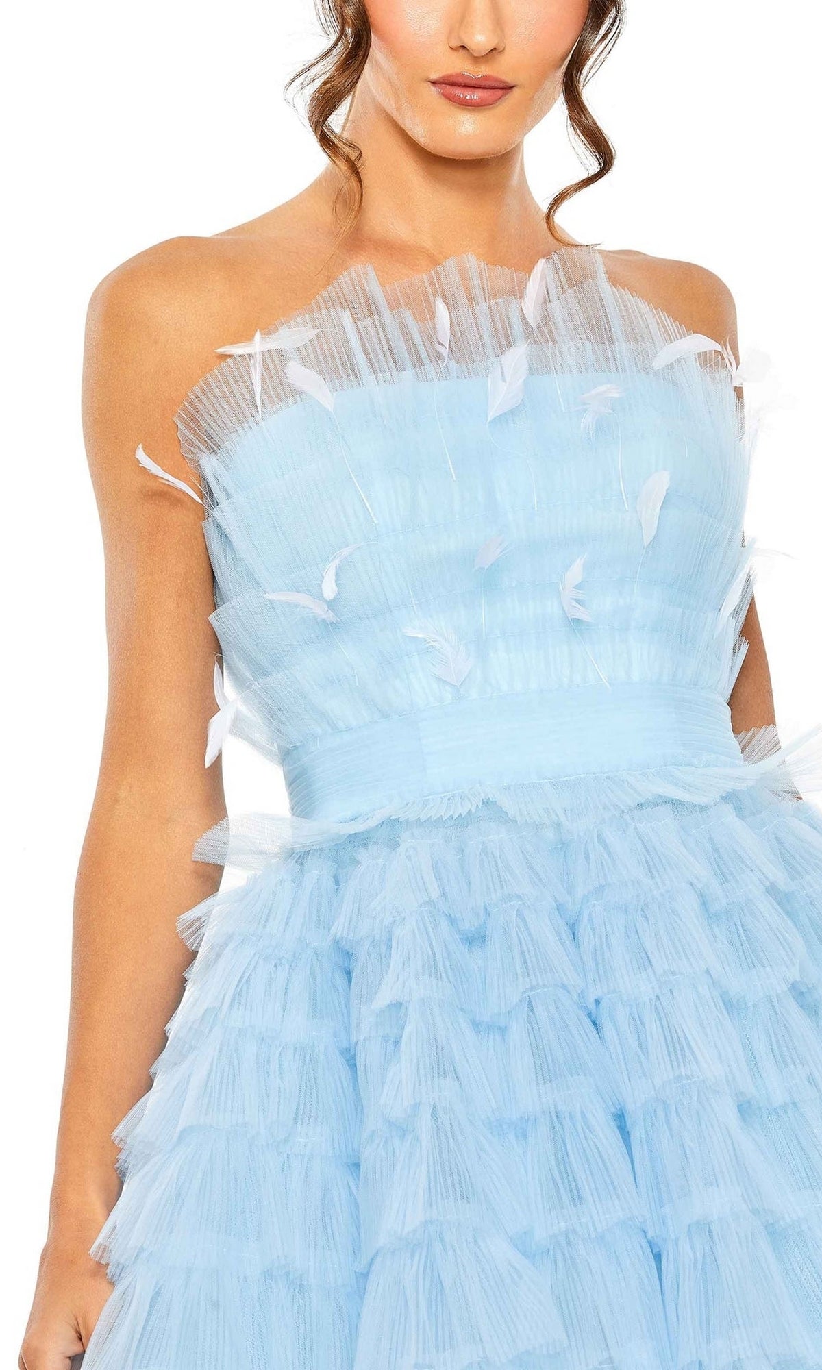 Woman in a light blue Strapless Ruffle Party Dress: Mac Duggal 20529, featuring ruffled layers and feather details on the bodice, shown from mid-face to waist.
